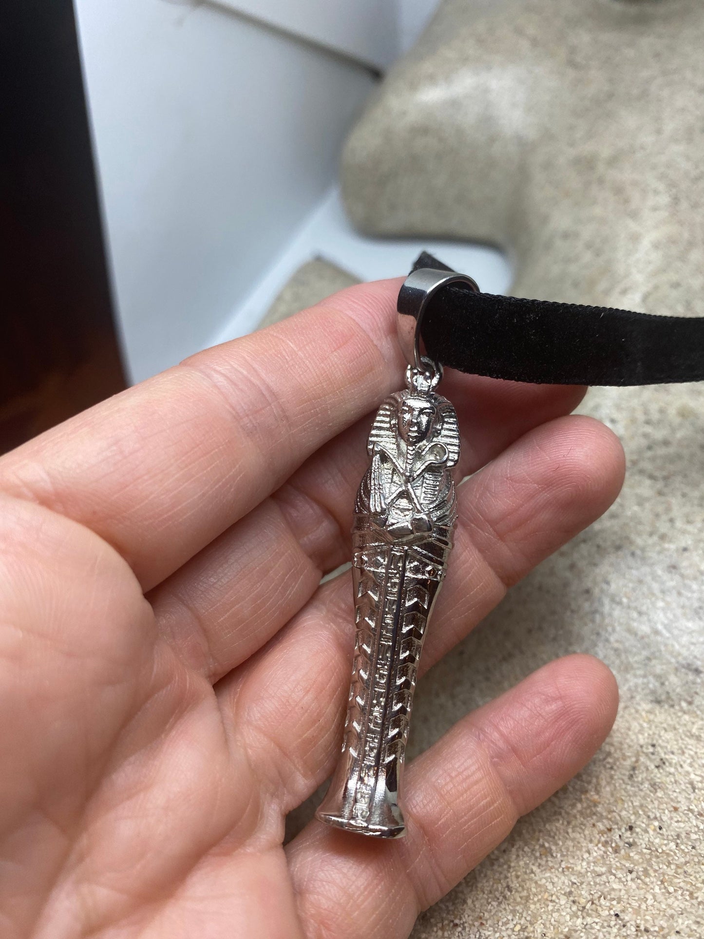 Vintage Silver Stainless Steel Egyptian Mummy Pendant Necklace