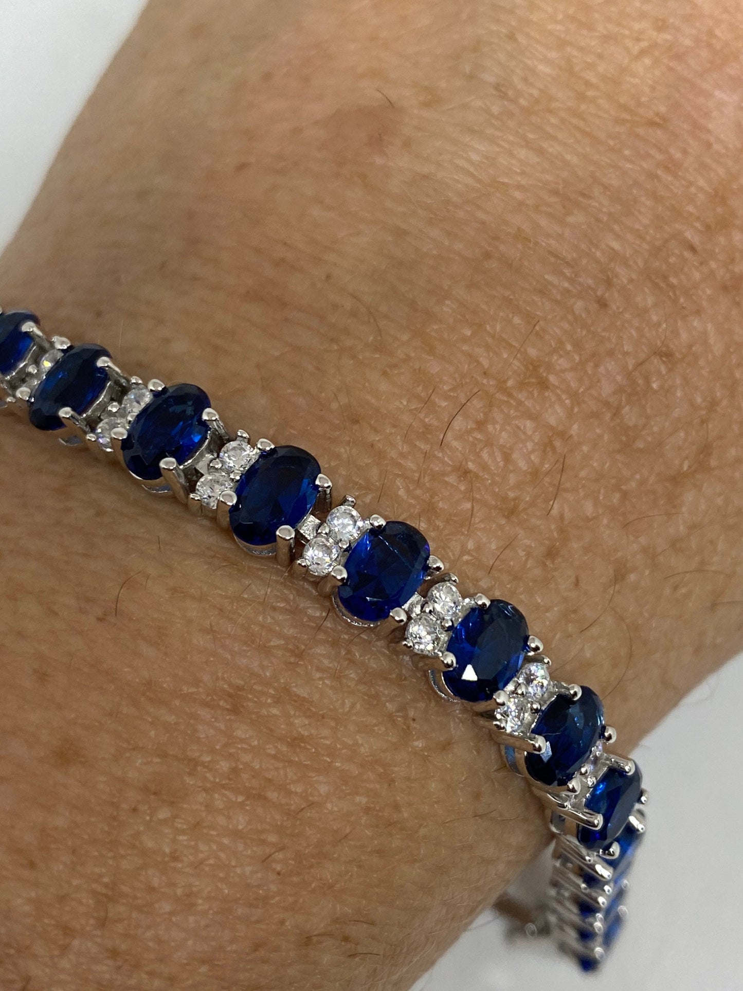 Vintage Blue Crystal Cubic Zirconia Bracelet Sterling Silver Tennis