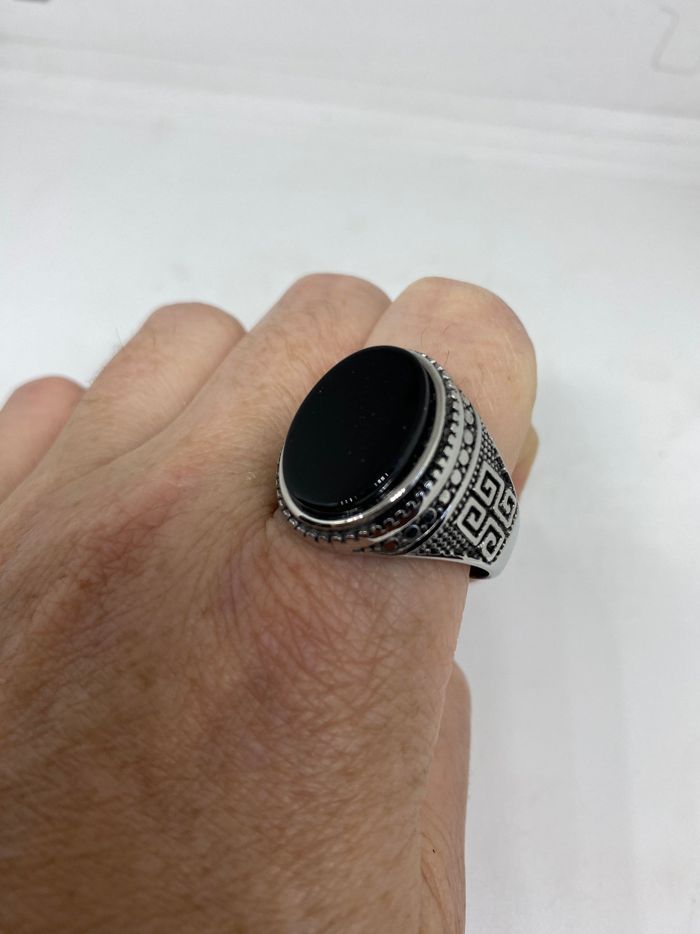 Vintage Gothic Black Onyx Stainless Steel Mens Ring