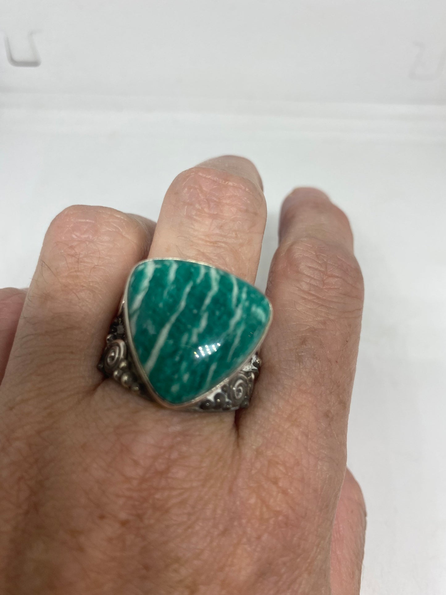 Vintage Green Ammonite Ring 925 Sterling Silver Size 10
