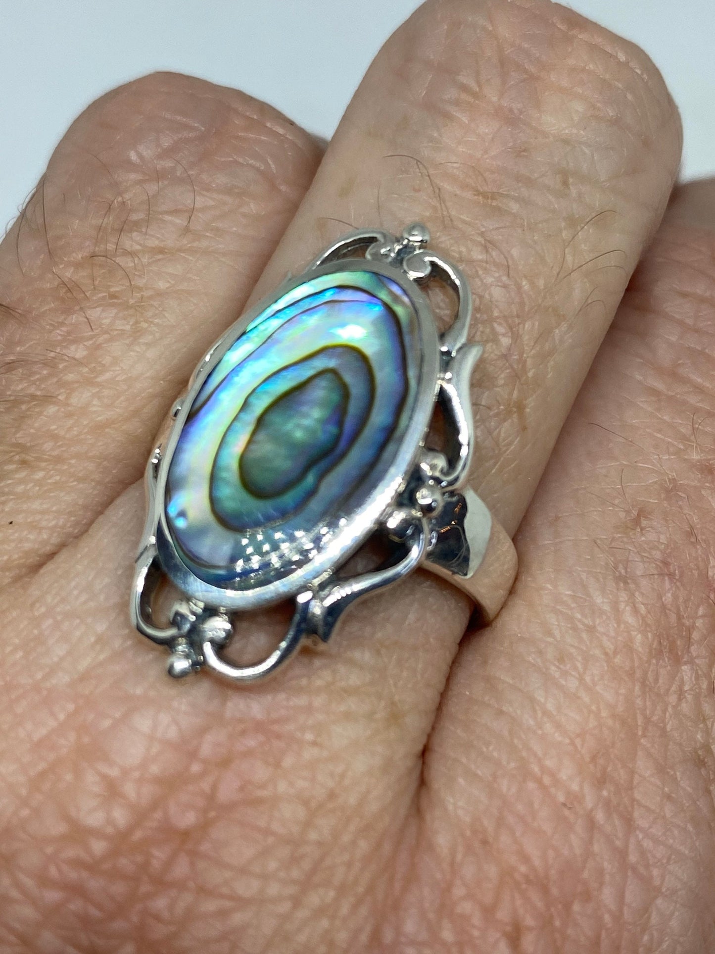 Antique Green Abalone Celtic Knot Filigree Sterling Silver Ring