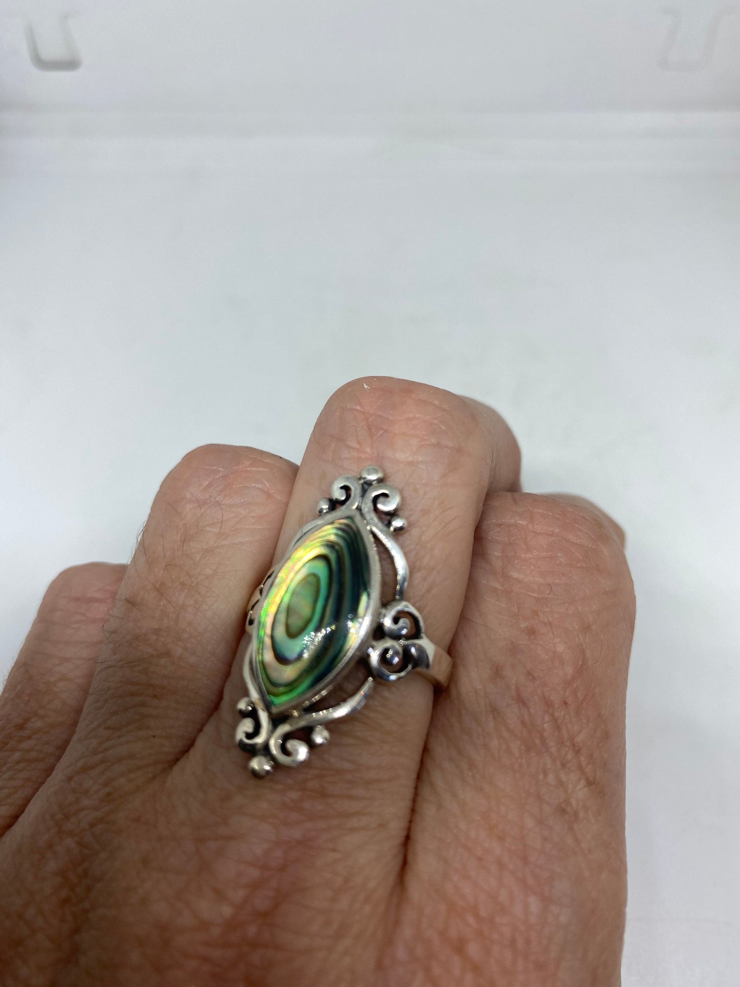 Antique Green Abalone Celtic Knot Filigree Sterling Silver Ring