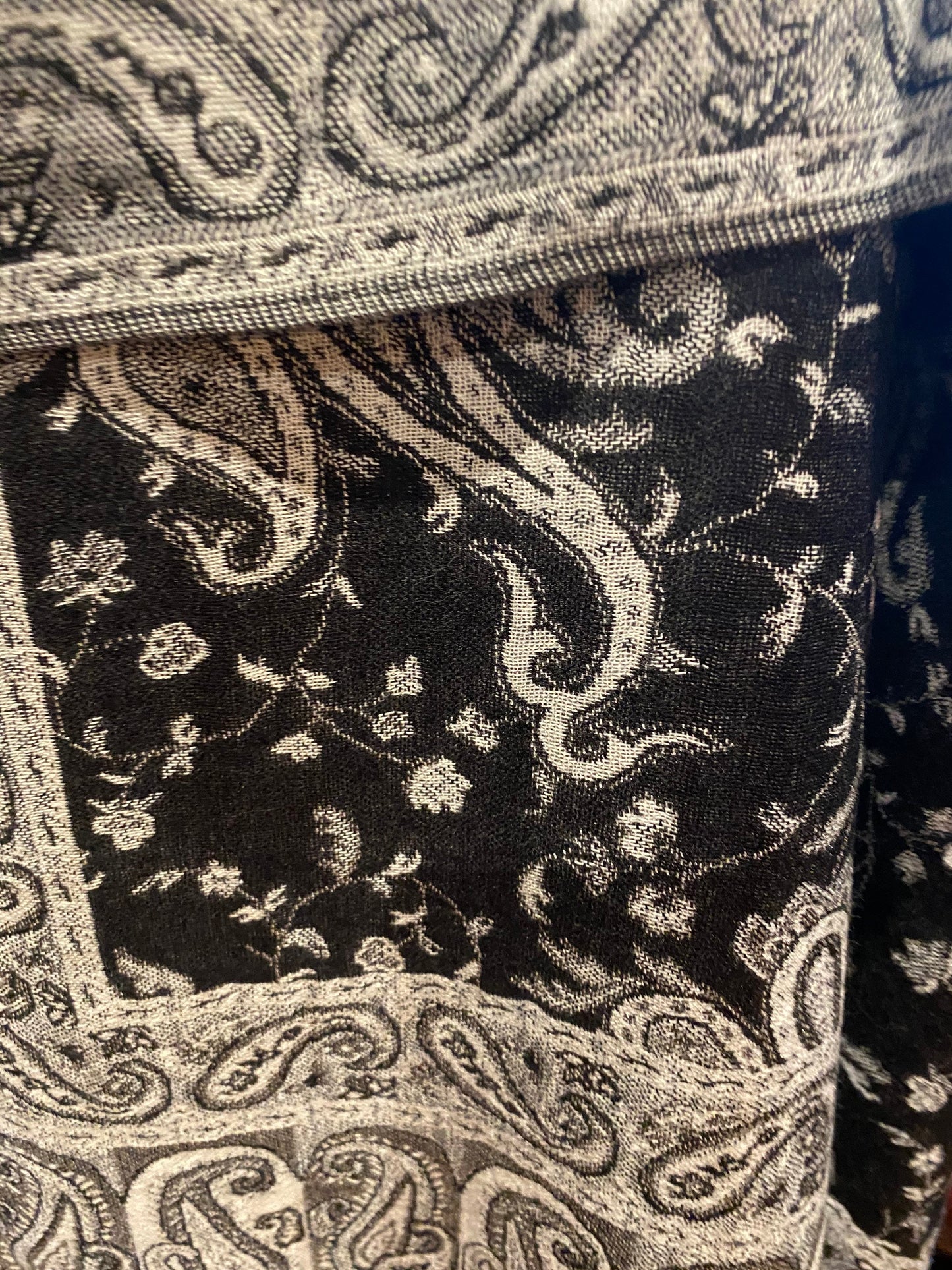 Vintage Black and White Paisley Pashmina Scarf Wrap