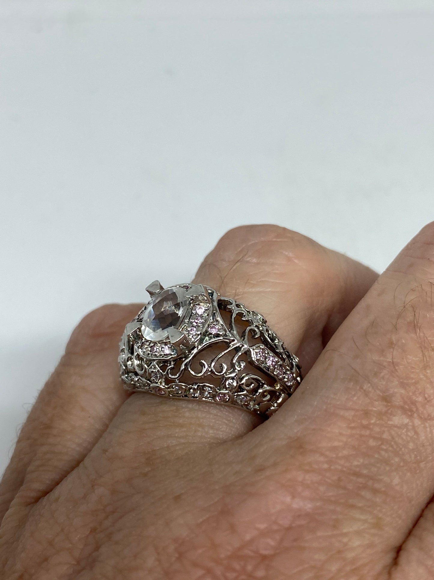 Vintage Clear Quartz Pink Sapphire 925 Sterling Silver Cocktail Ring Size 6.5