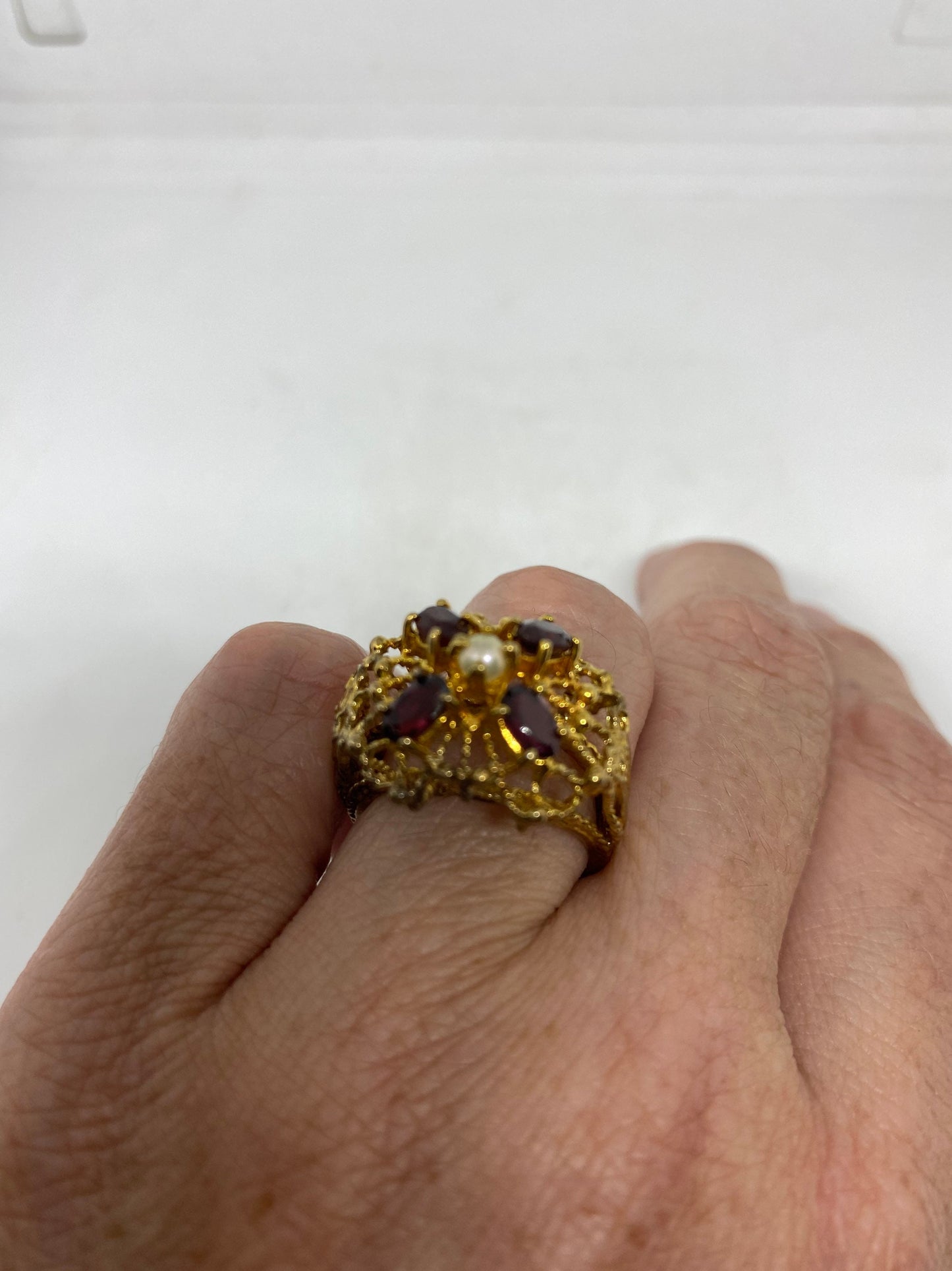 Vintage Red Bohemian Garnet Ring Golden 925 Sterling Silver Cocktail Statement