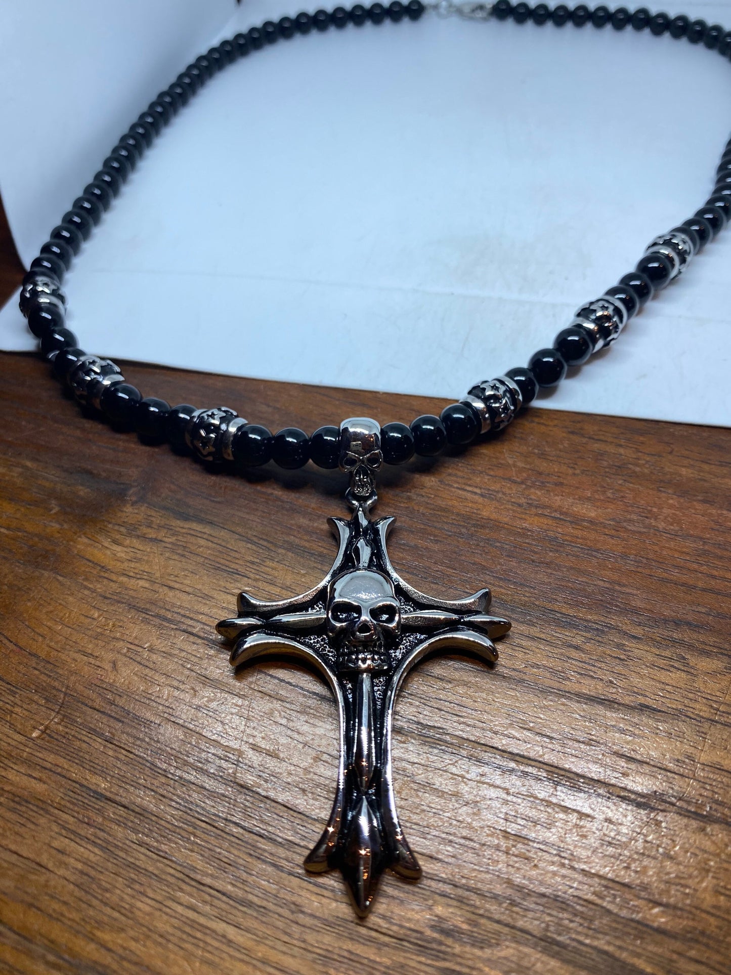 Vintage Black Onyx Silver Stainless Steel Skull Cross Pendant Necklace
