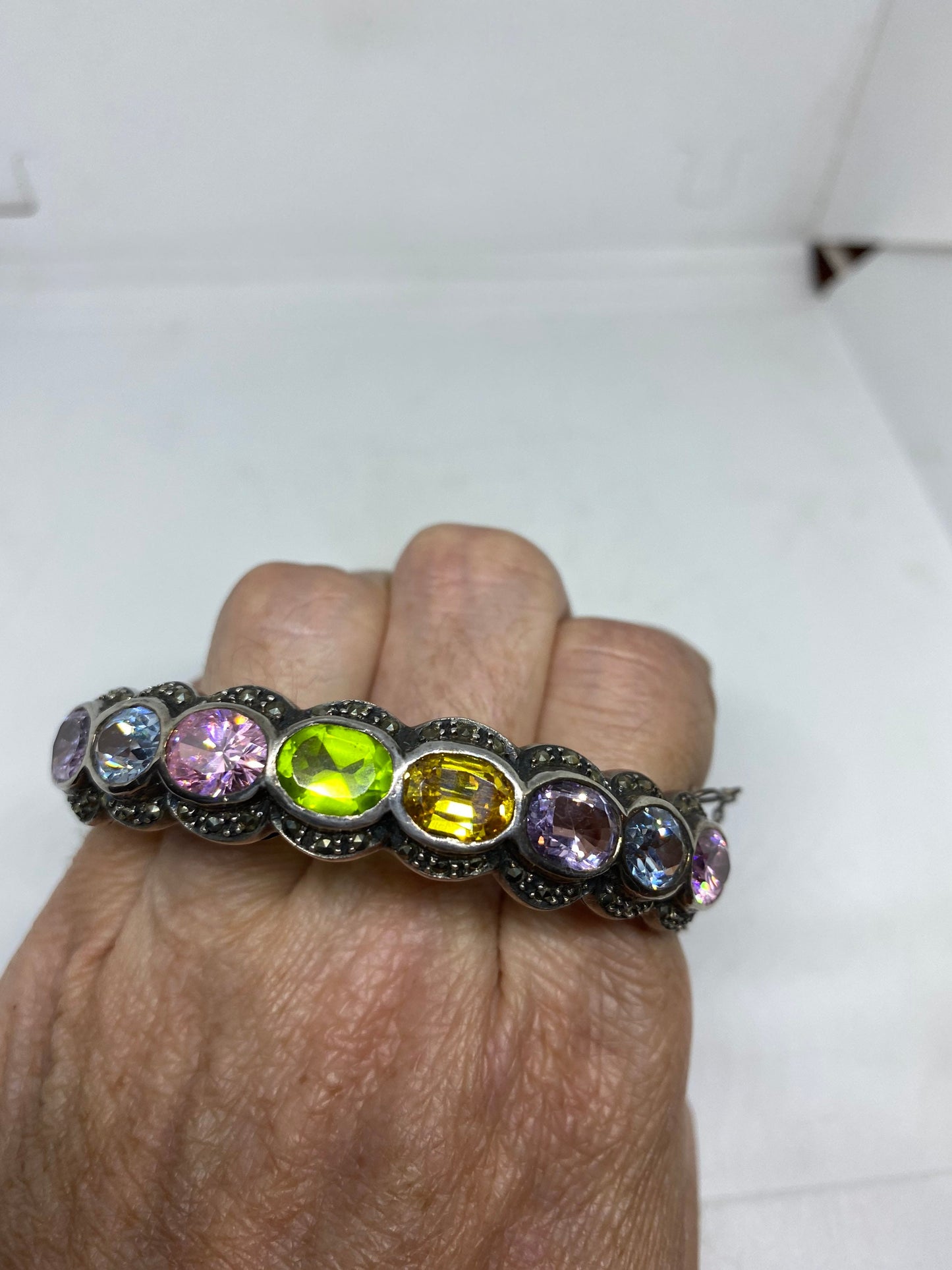 Genuine Mixed Gemstone 925 Sterling Silver Deco Bangle Bracelet