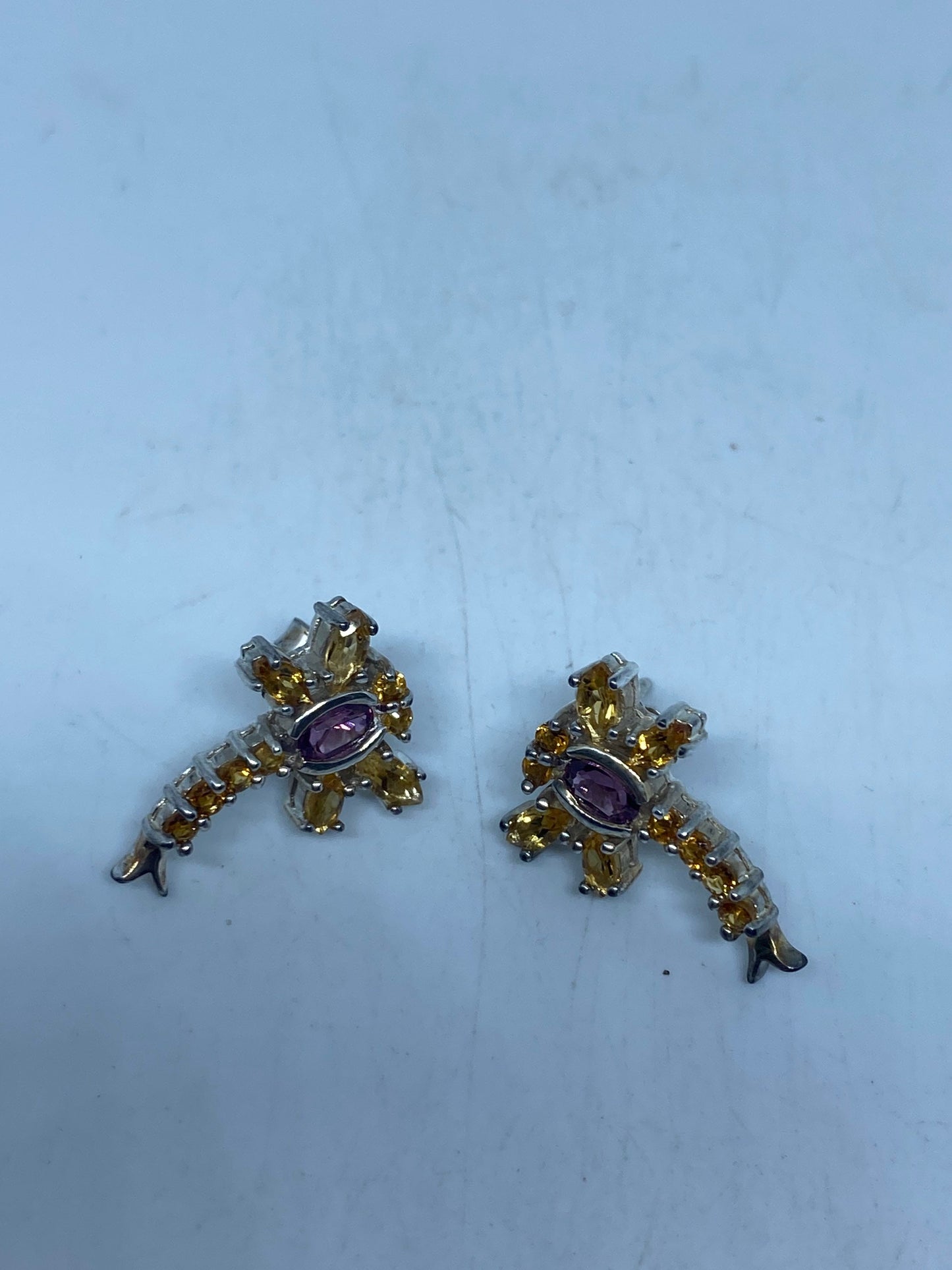 Vintage Citrine and Red Tourmaline Dragonfly Earrings 925 Sterling Silver Deco Button Studs