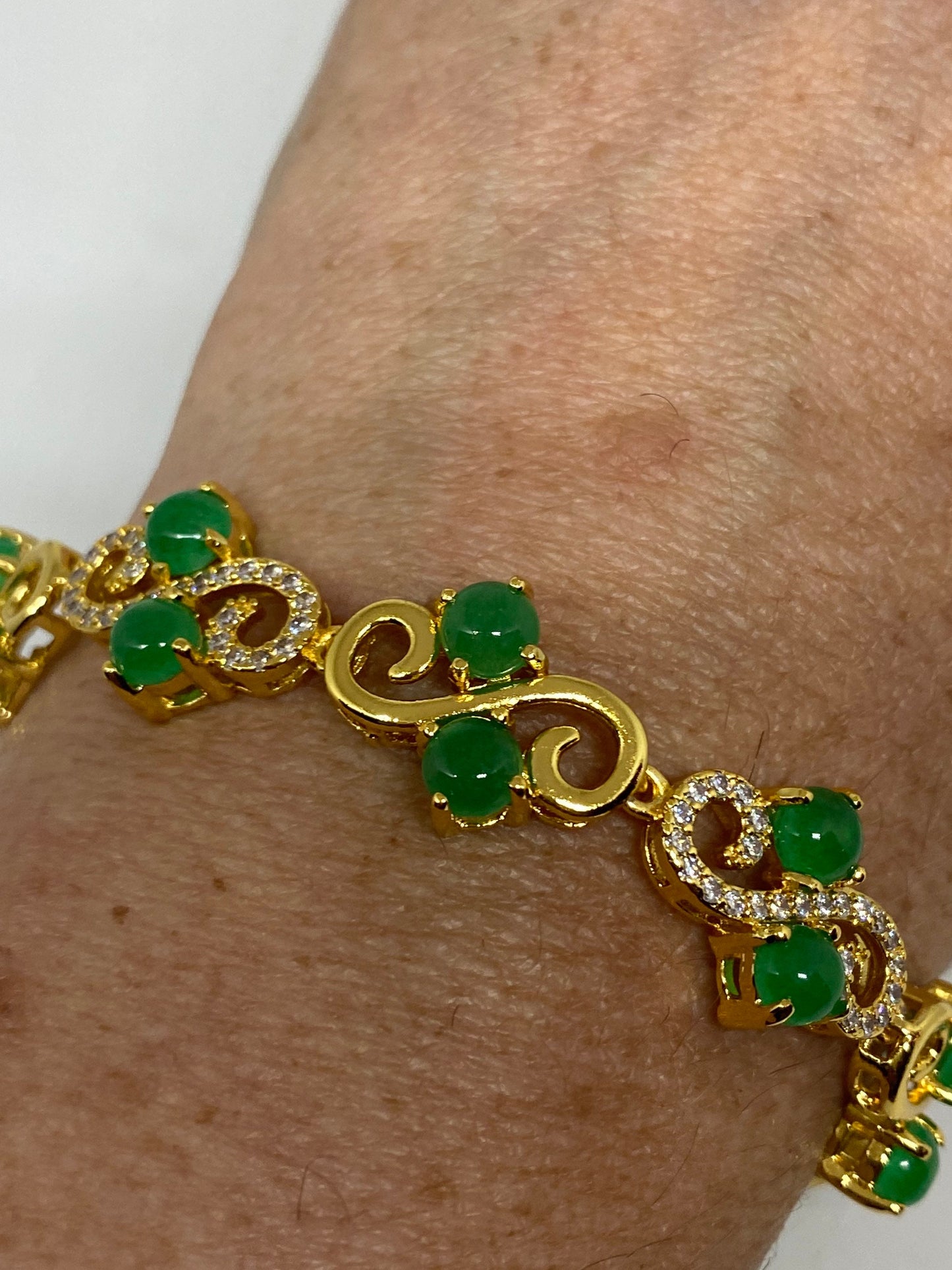 Vintage Green Jade Bracelet Golden White Bronze