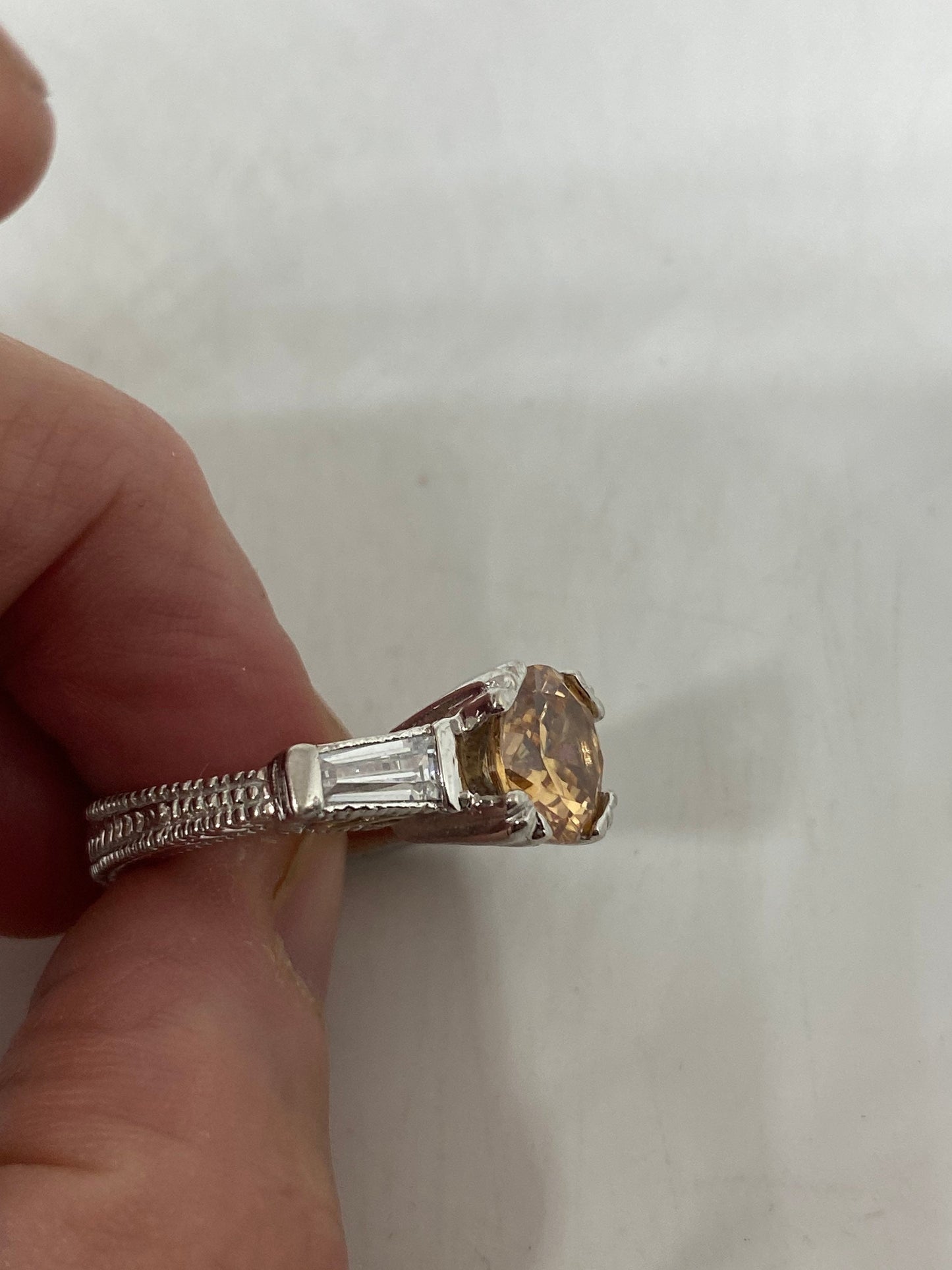 Vintage Engagement Ring Clear Champaign CZ 925 Sterling Silver Cocktail