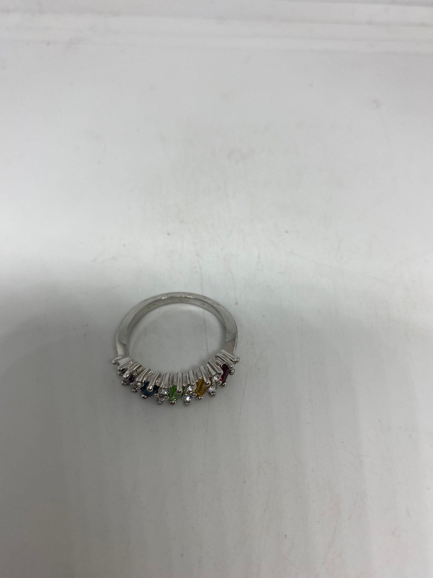 Vintage Mixed Genuine Gemstones 925 Sterling Silver Band Ring