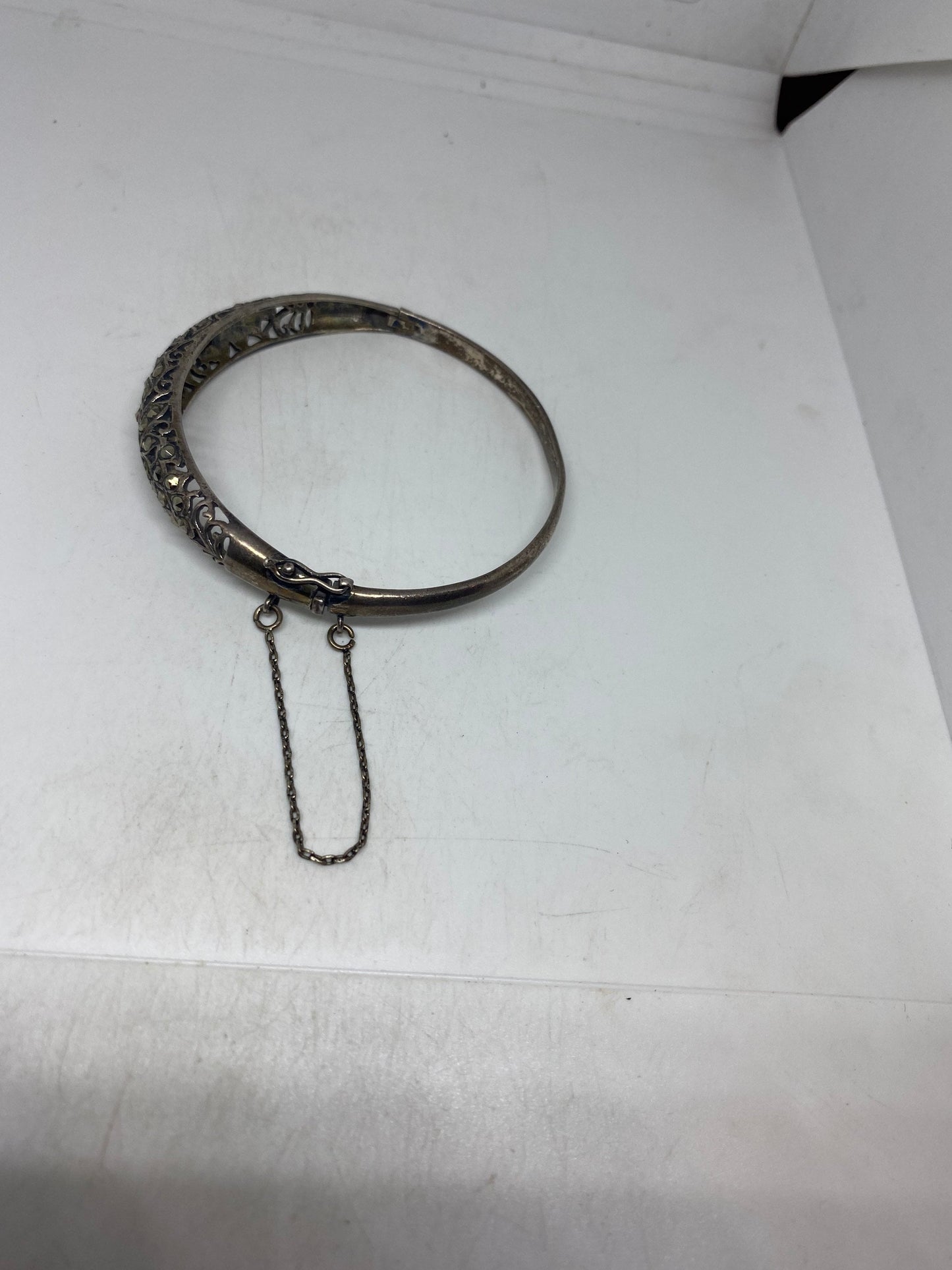 Genuine Marcasite 925 Sterling Silver Deco Bangle Bracelet