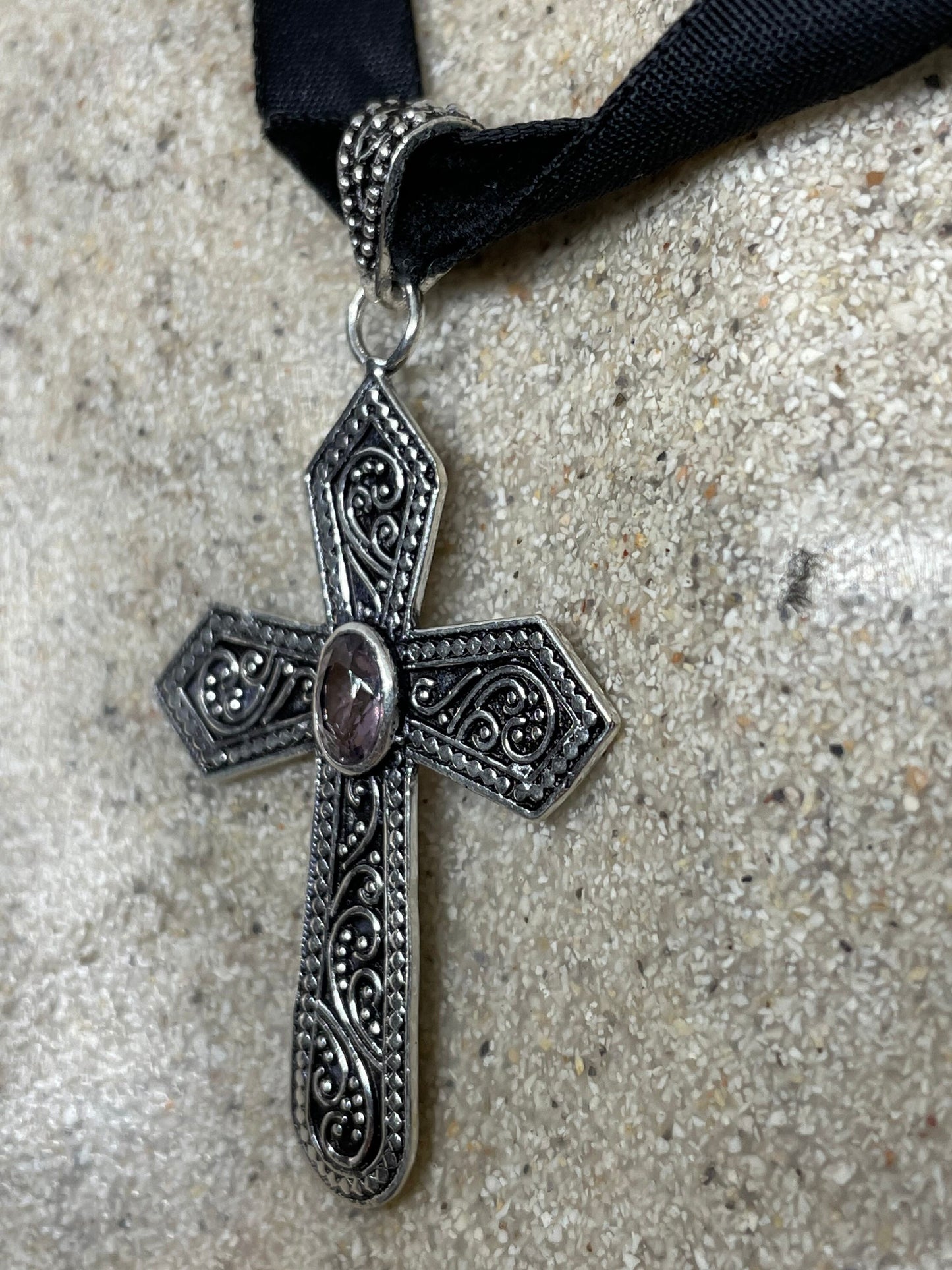 Vintage Cut Deep Purple Genuine Amethyst Cross Choker Necklace