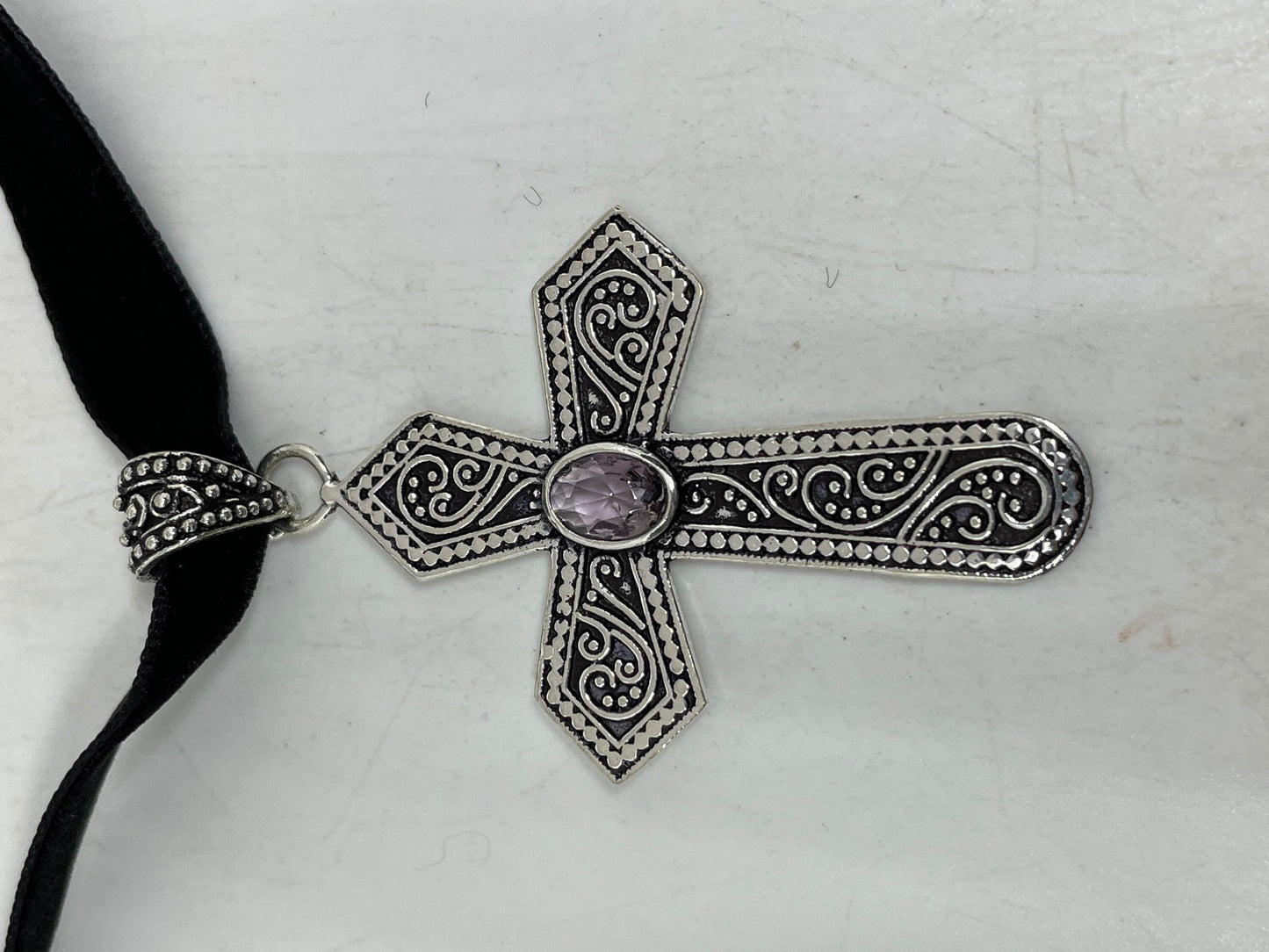 Vintage Cut Deep Purple Genuine Amethyst Cross Choker Necklace