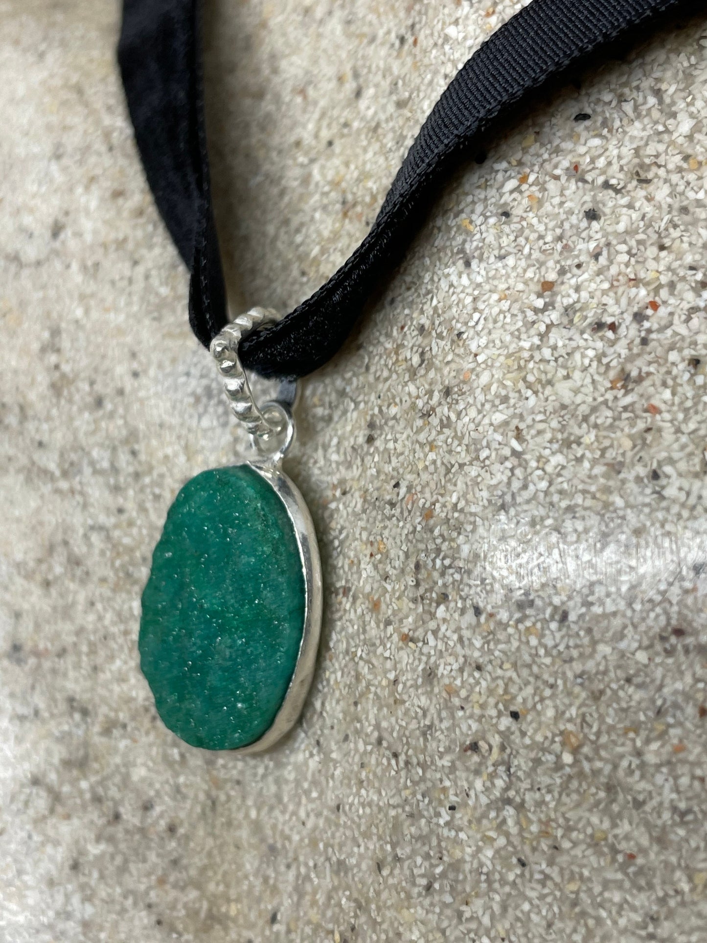 Handmade Vintage Green Chrysoprase Crystal Druzy Choker Pendant