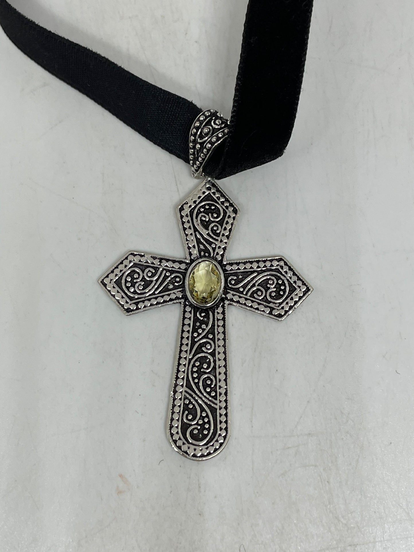 Vintage Handmade Bronze Silver Golden Citrine cross Pendant