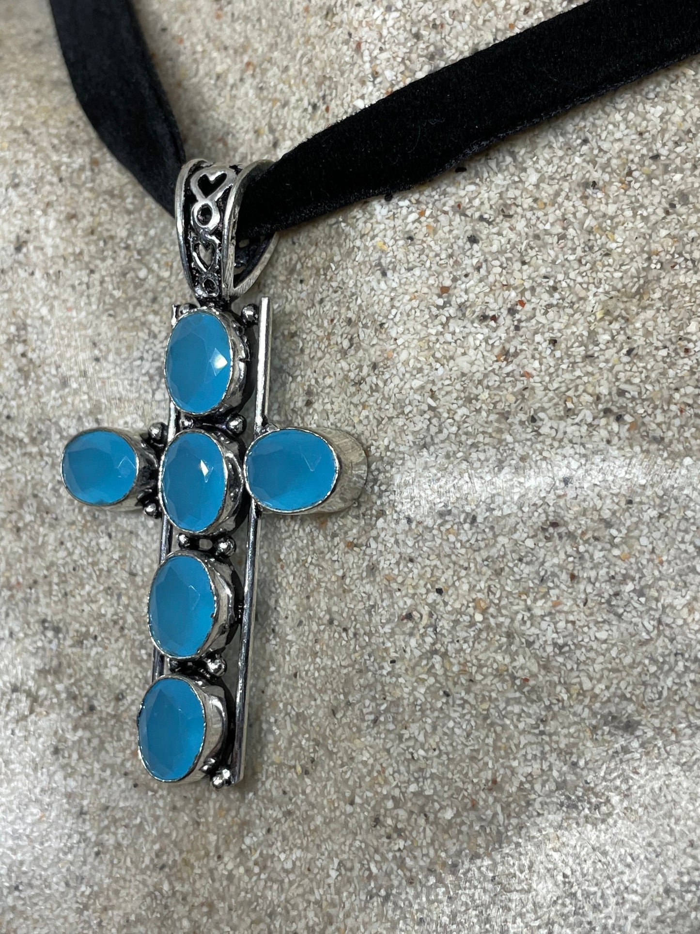 Vintage Blue Chalcedony Cross Choker White Bronze Pendant Necklace