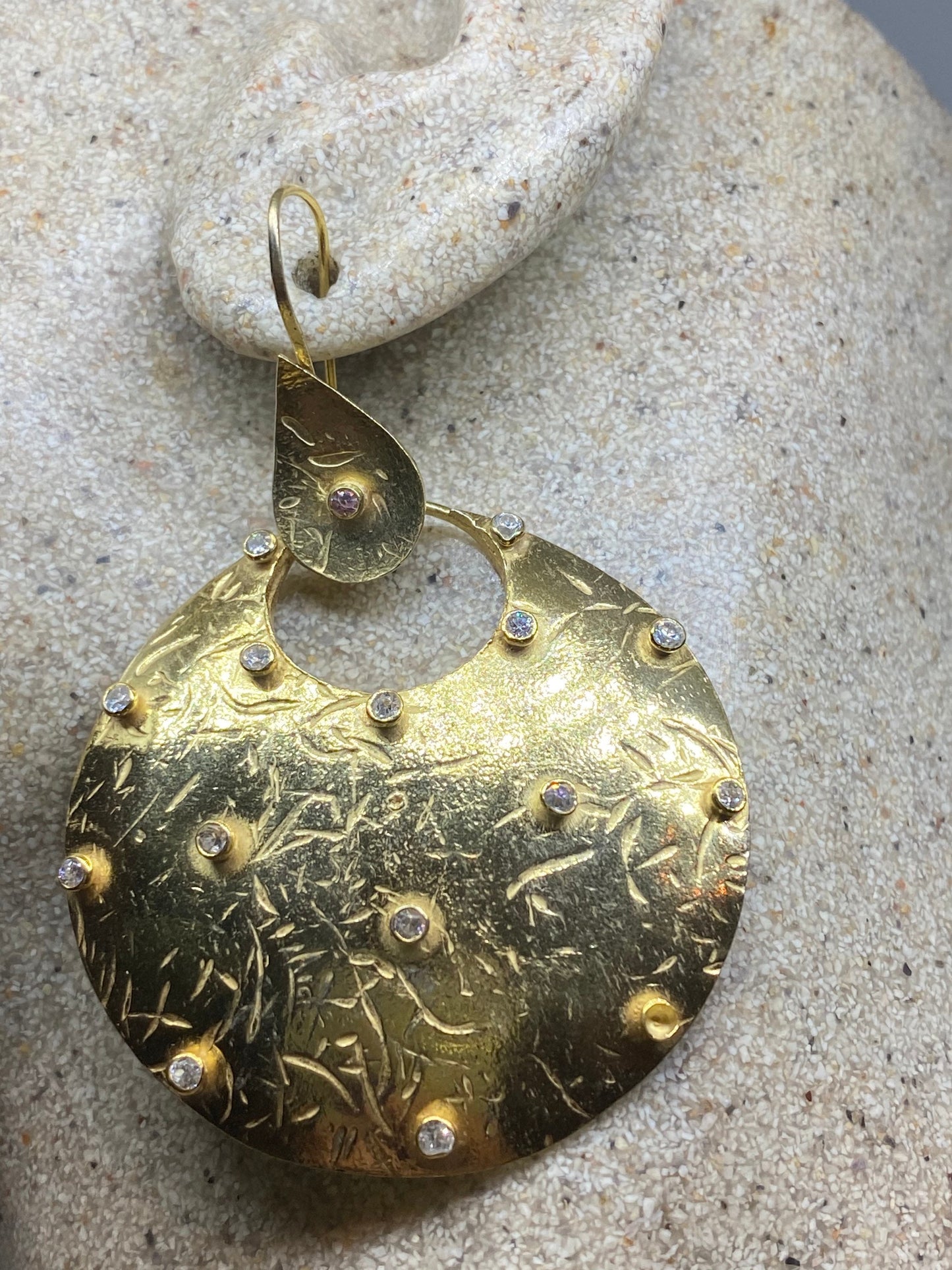 Handcrafted Antique Crystal Quartz Gemstone Golden Sterling Silver Dangle Earrings