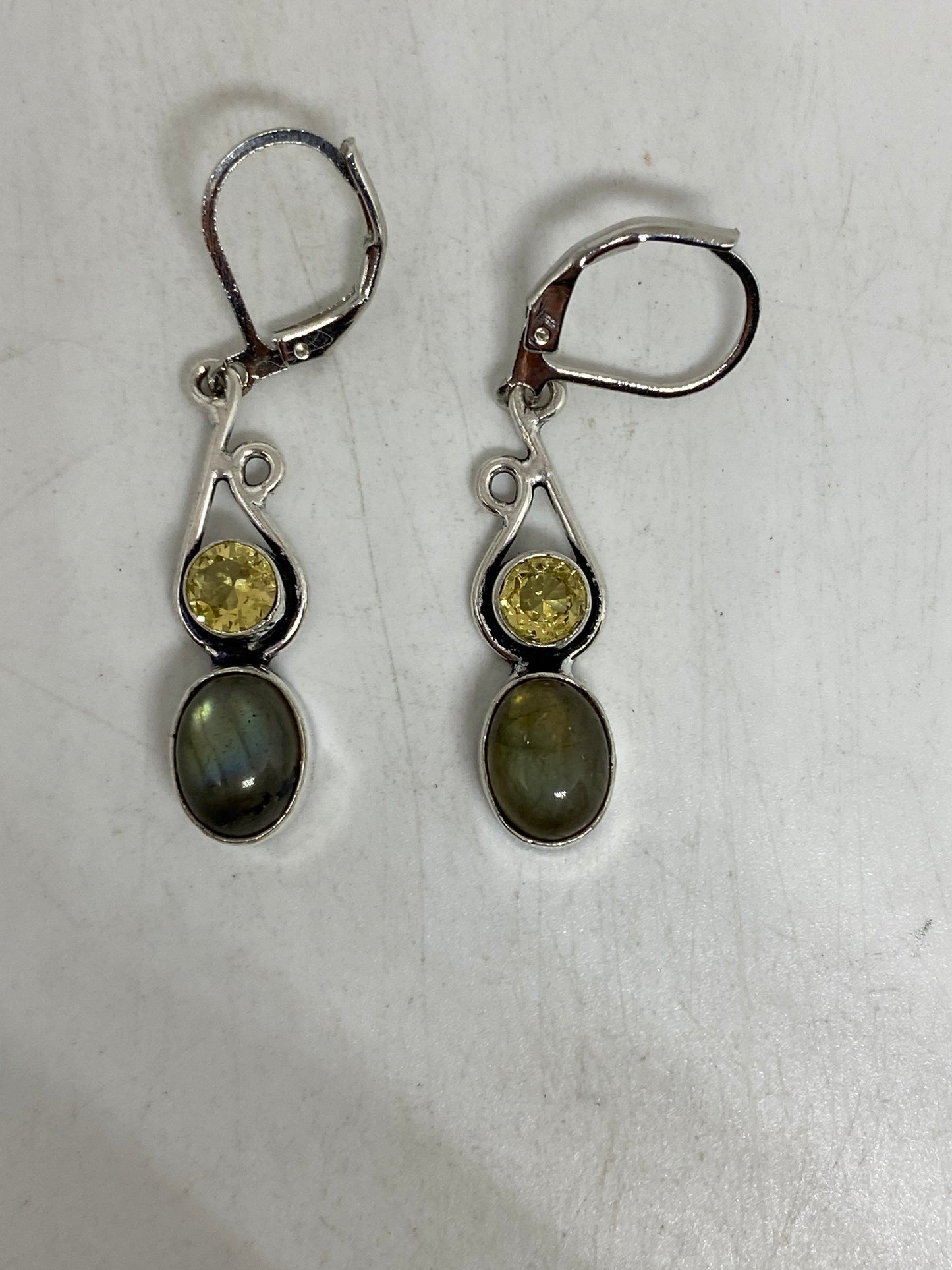 Vintage Labradorite Citrine Silver Dangle Lever Back Earrings
