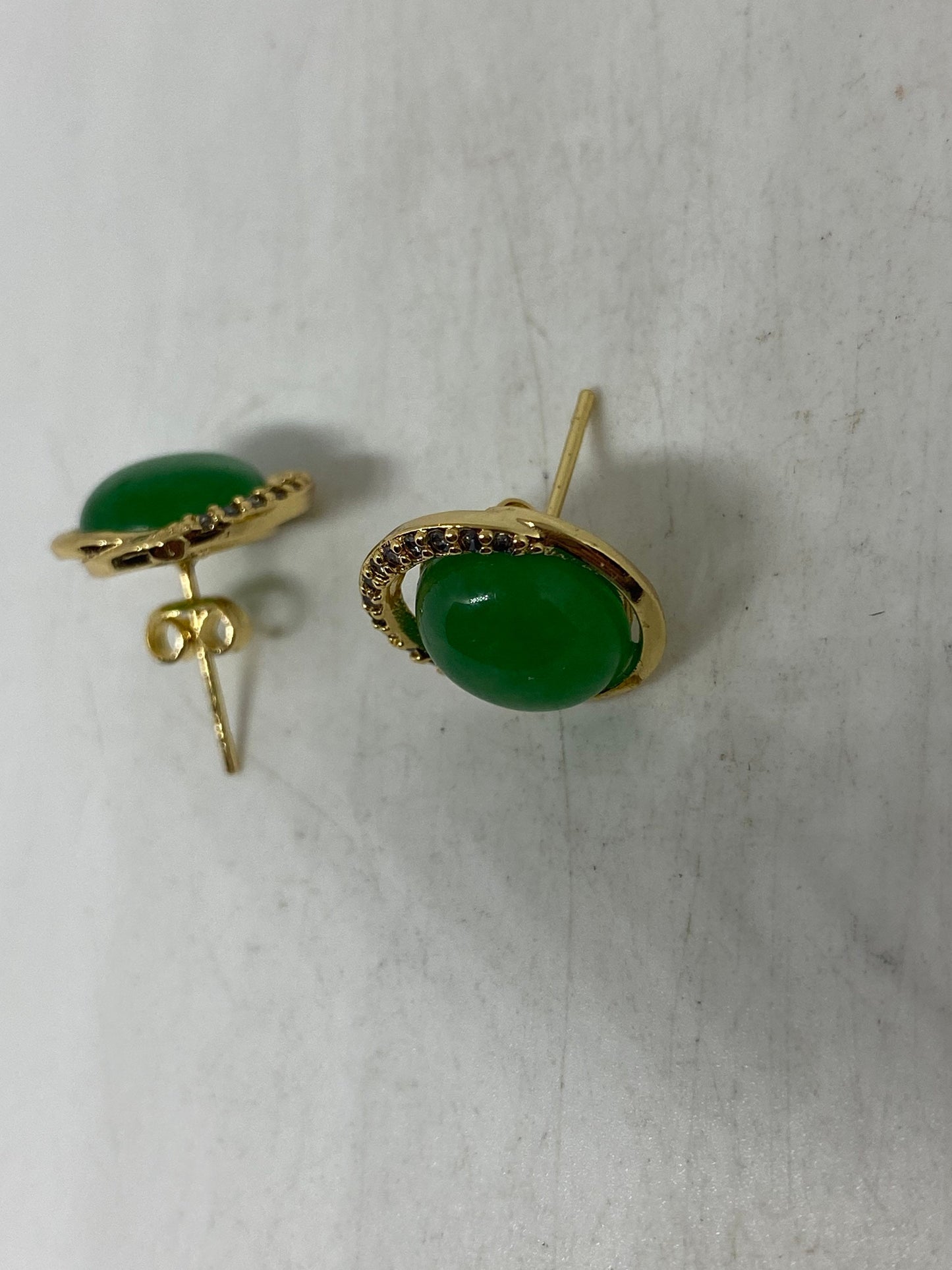 Vintage Fun Green Jade Gemstone Gold Rhodium Bronze Earrings