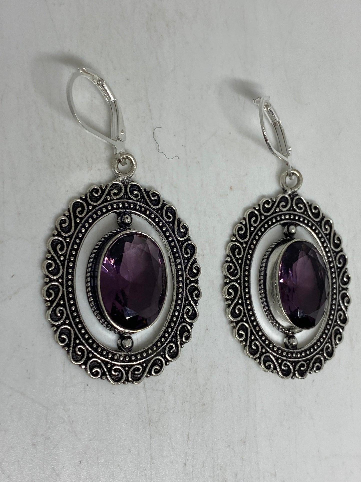 Vintage Purple Amethyst Earrings 925 Sterling Silver Leverback