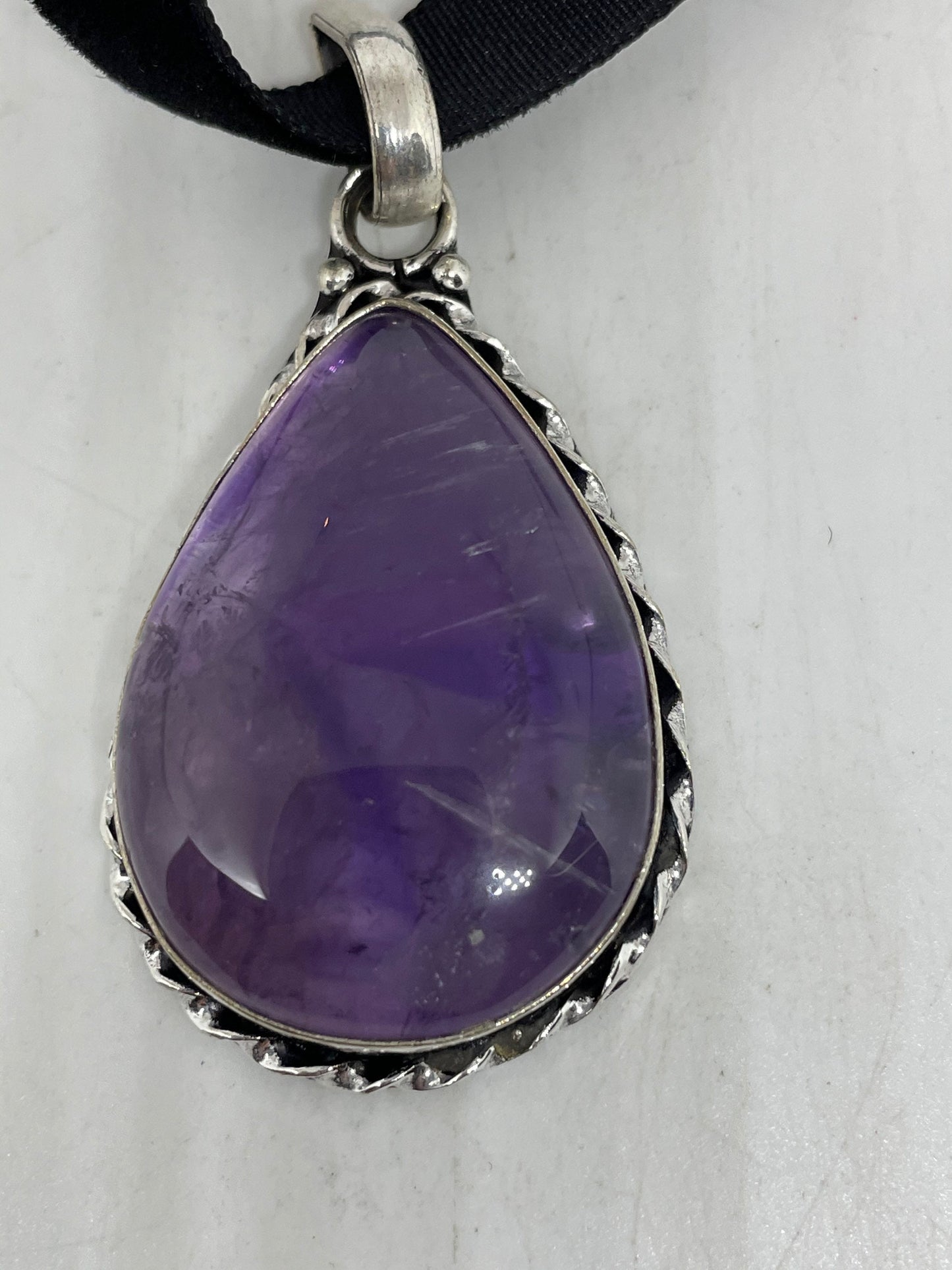 Cabochon Cut Droplet Deep Purple Genuine Amethyst Necklace