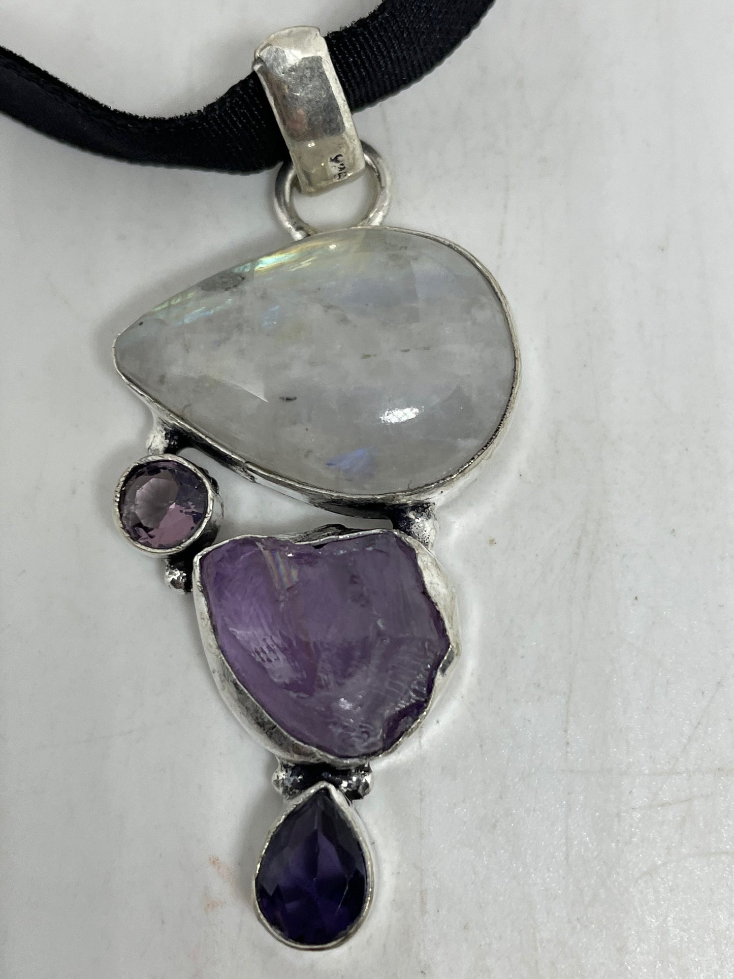 Vintage Rainbow Moonstone Amethyst Choker Pendant Necklace