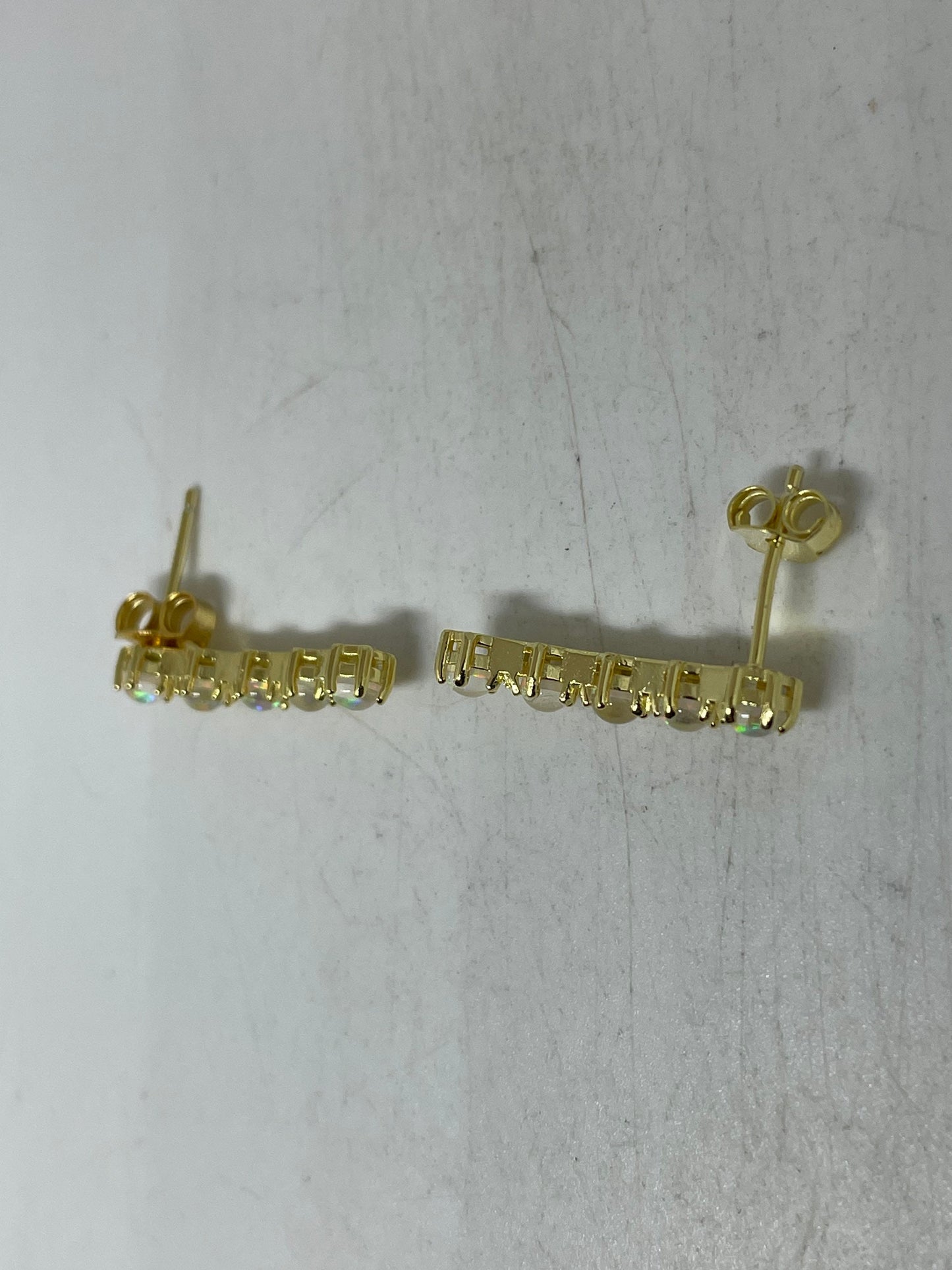 Vintage White Opal Earrings Golden 925 Sterling Silver Stud Button