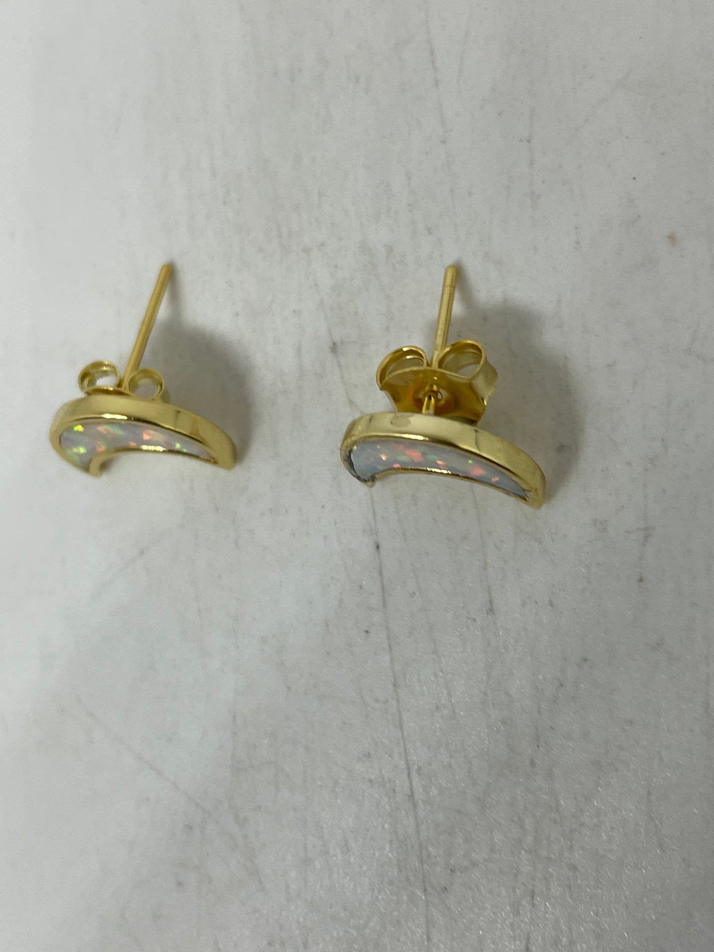 Vintage White Opal Earrings Golden 925 Sterling Silver Stud Button