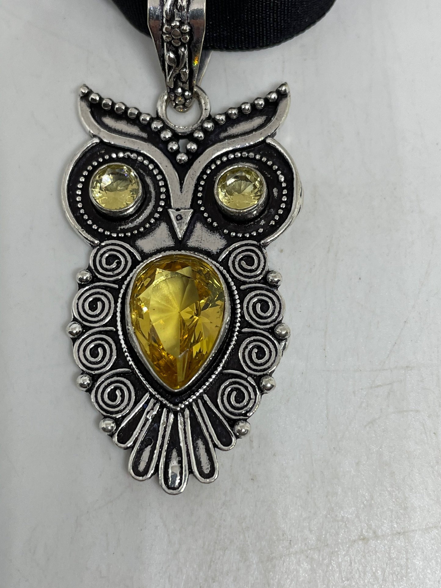 Vintage Citrine Owl Choker Antique Pendant Necklace