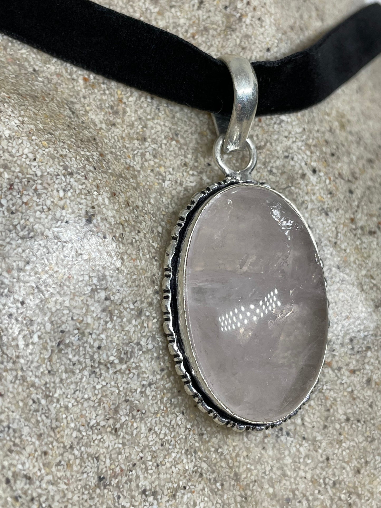 Vintage Handmade Silver Finish Rose Quartz Choker Pendant
