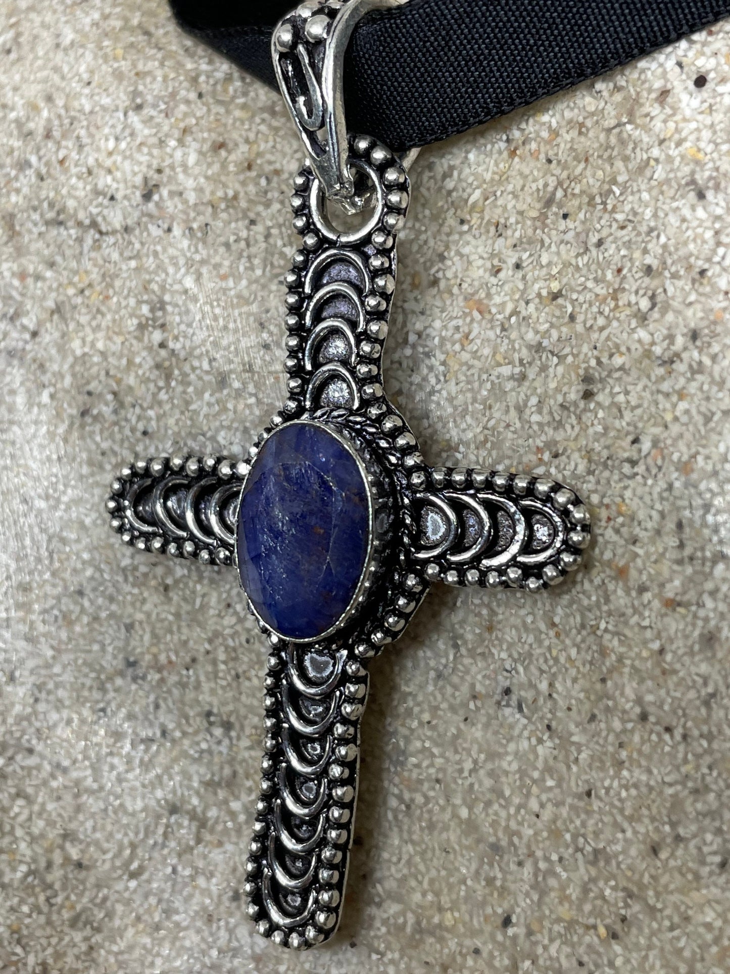 Vintage Blue Raw Sapphire Cross Choker White Bronze Pendant Necklace