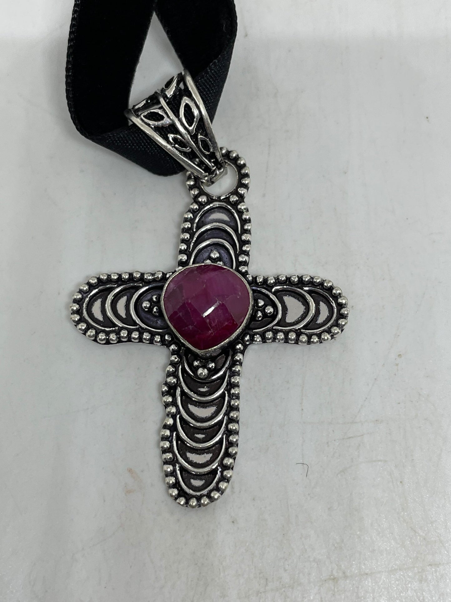 Vintage Raw Ruby Cross Choker White Bronze Pendant Necklace