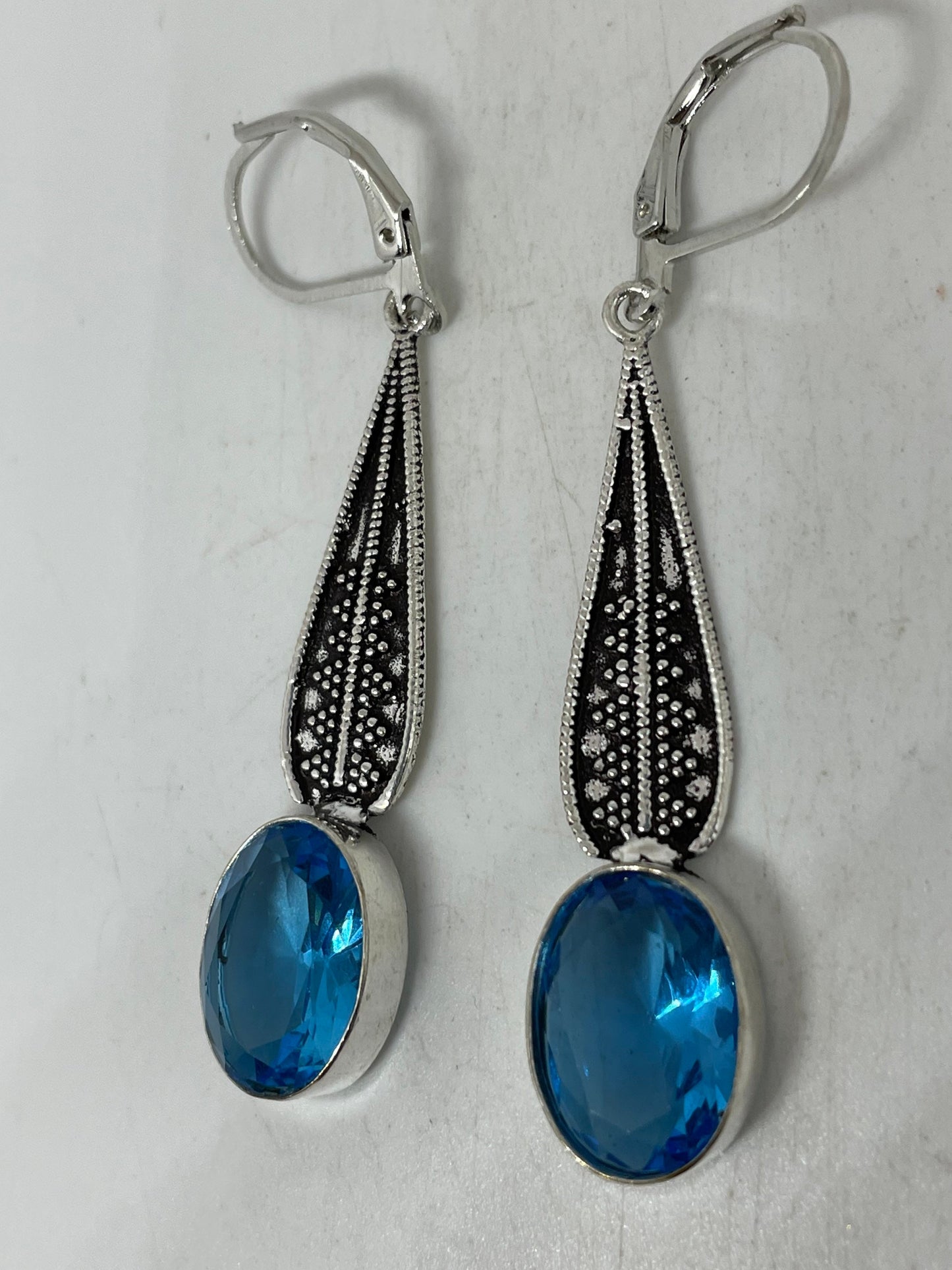 Vintage Genuine Blue Topaz 925 Sterling Silver Lever Back Earrings