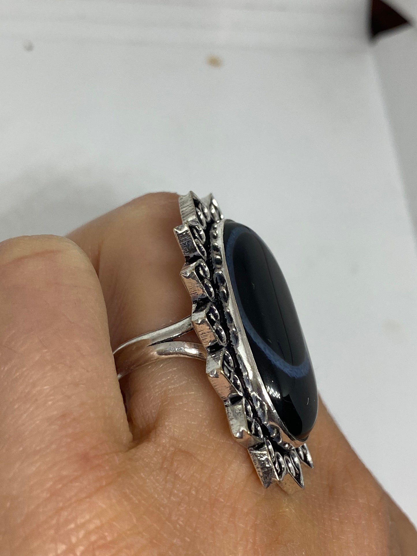 Vintage Handmade Black and White agate White Bronze Silver Gothic Ring