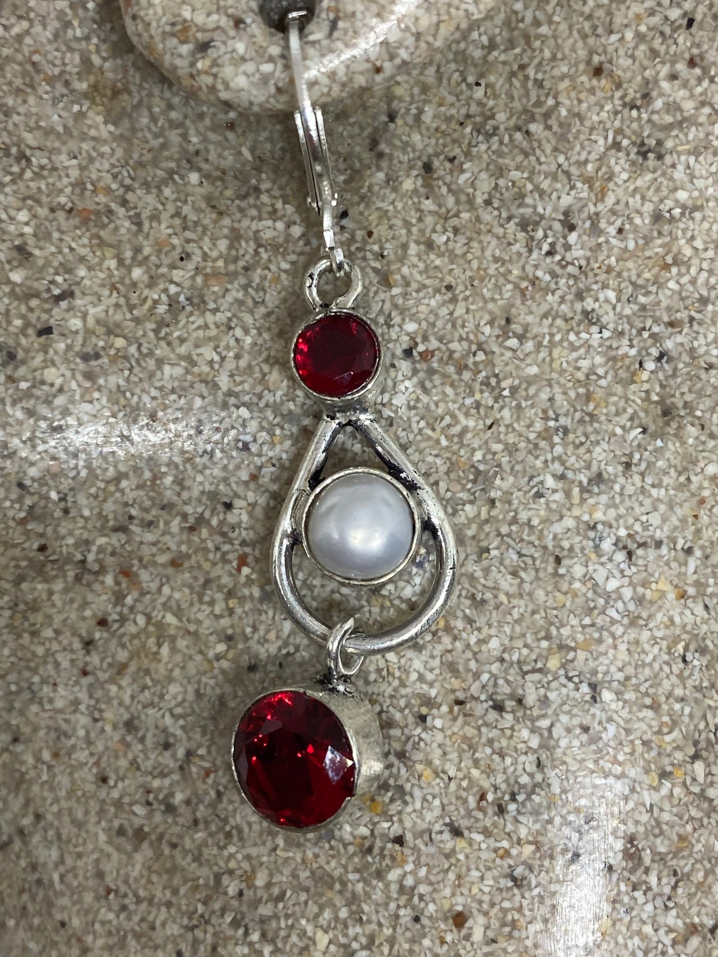 Vintage Genuine Pearl Antique Ruby Glass Sterling Silver Dangle Earrings