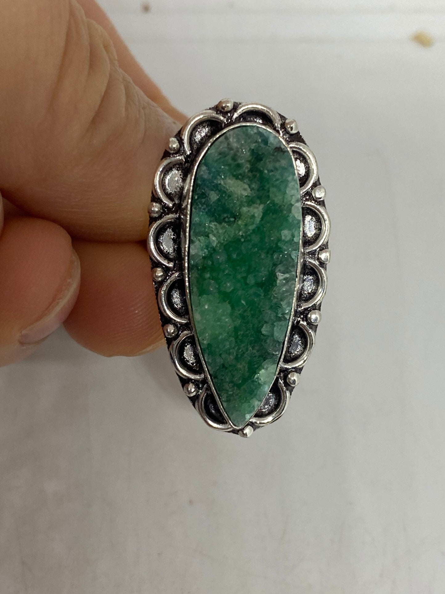 Vintage Handmade Genuine Green Mystic Chrome Diopside Druzy Filigree Setting Silver Ring