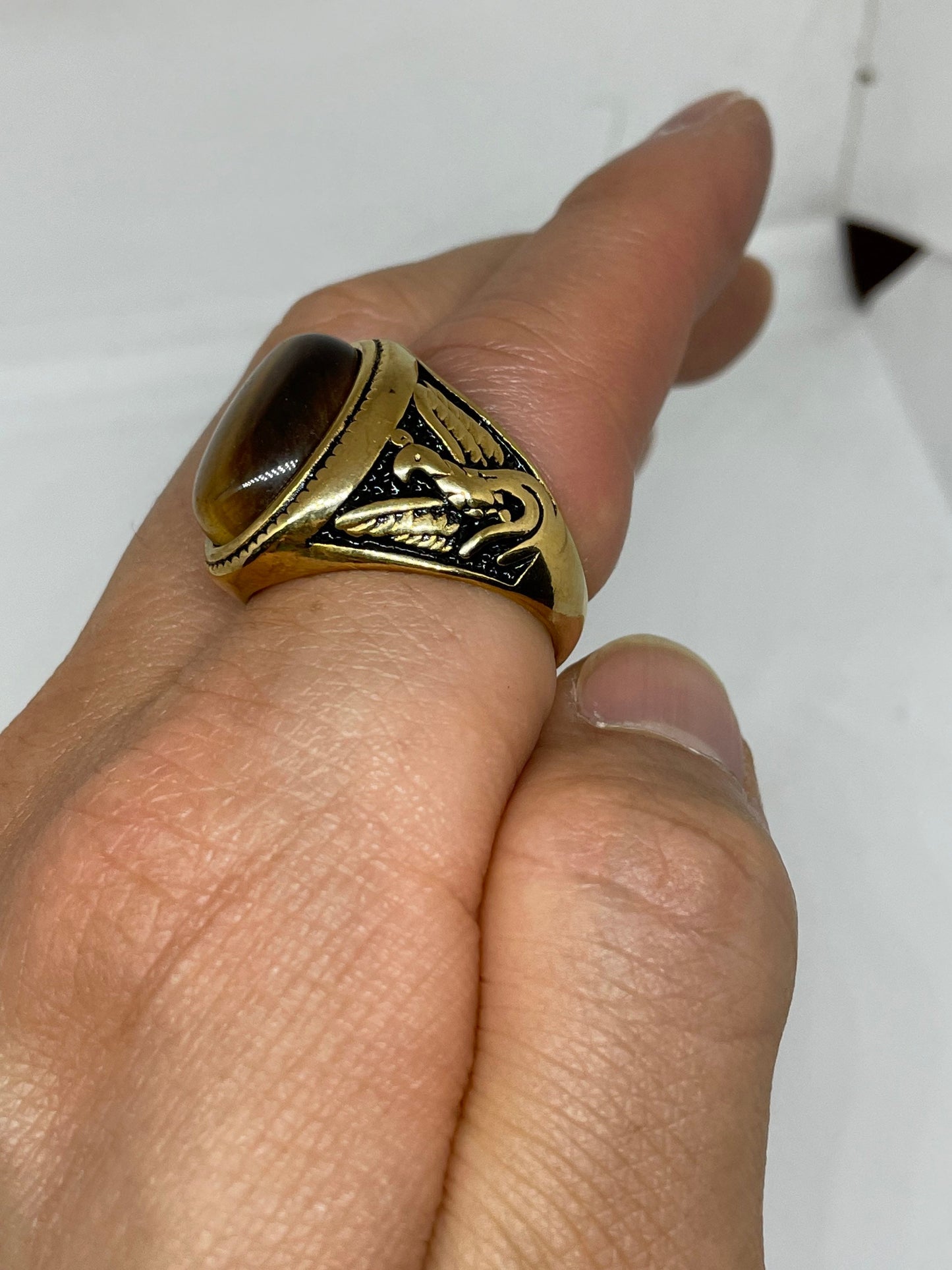 Vintage Gothic Gold Finished Stainless Steel Genuine Tigers Eye Dragon Mens Ring