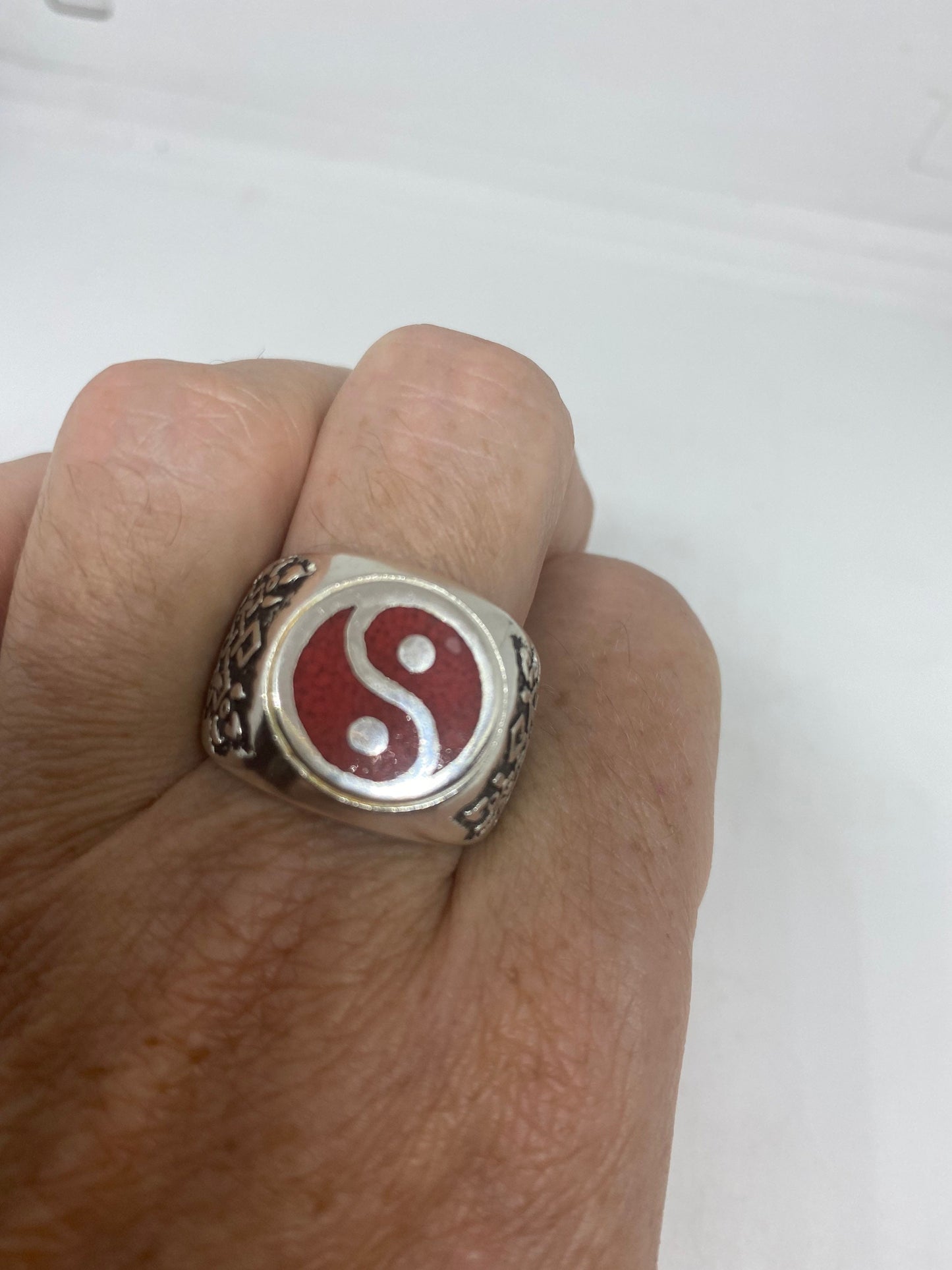 Vintage Gothic Red Yin Yang Mens Ring