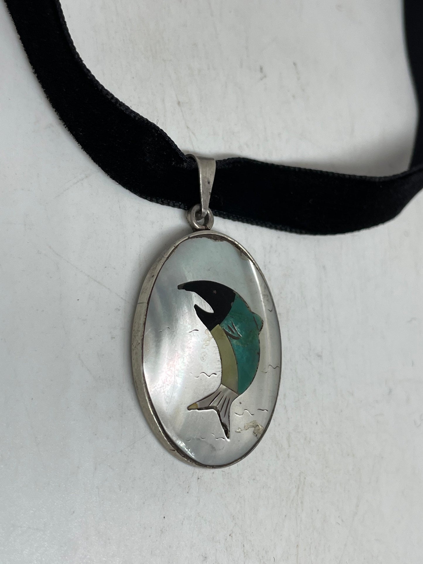 Vintage 925 Sterling Silver Genuine Gemstone Inlay Dolphin Choker Necklace