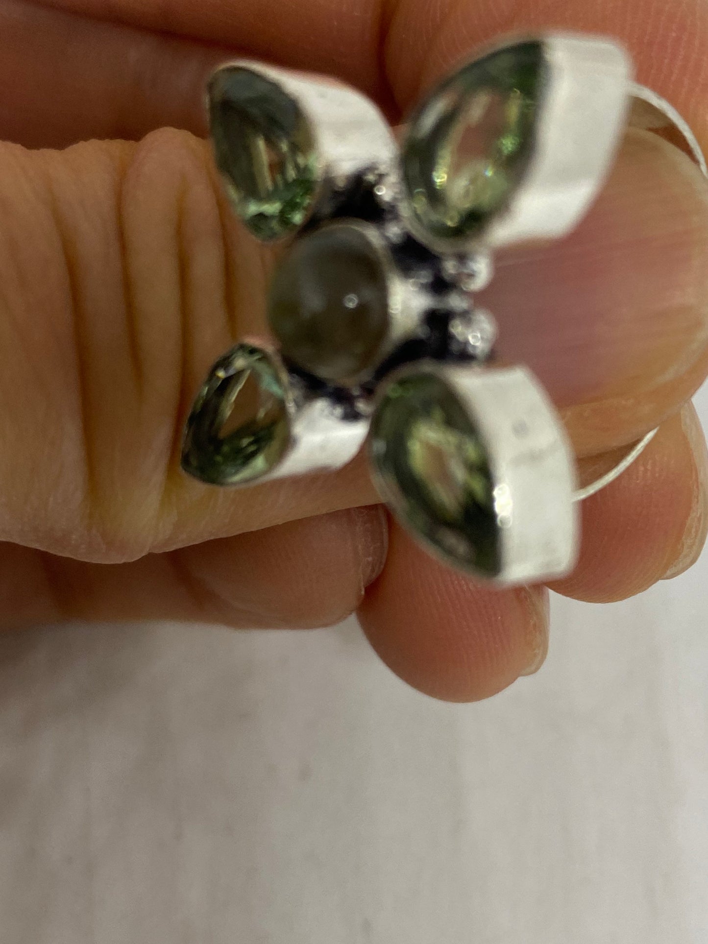 Vintage Blue Green Labradorite and Green Amethyst Stone Silver Ring