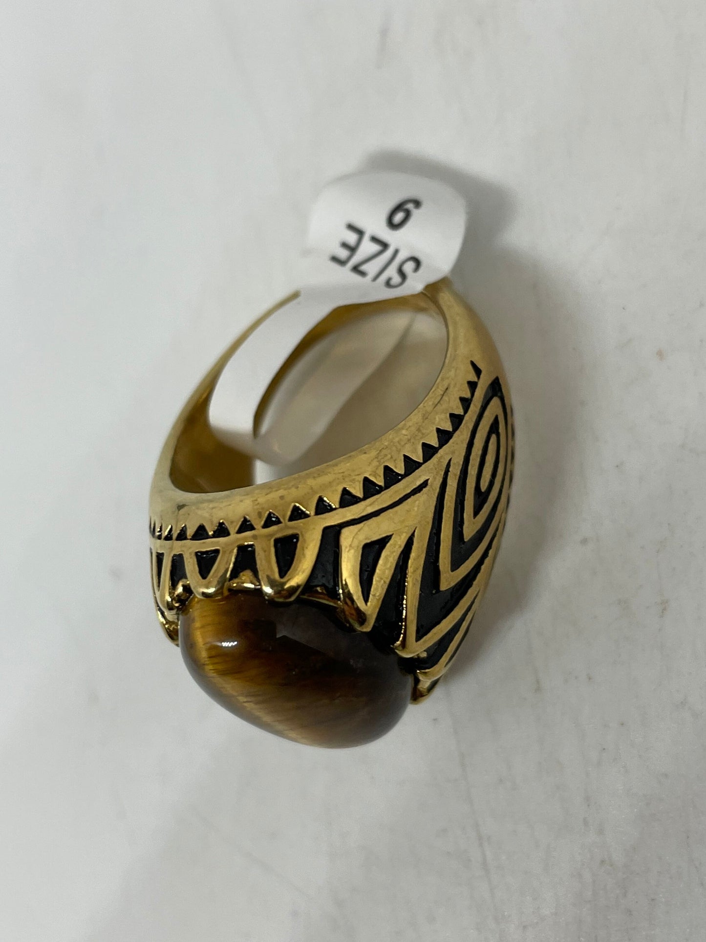 Vintage Gothic Gold Finished Stainless Steel Genuine Tigers Eye Mens Ring