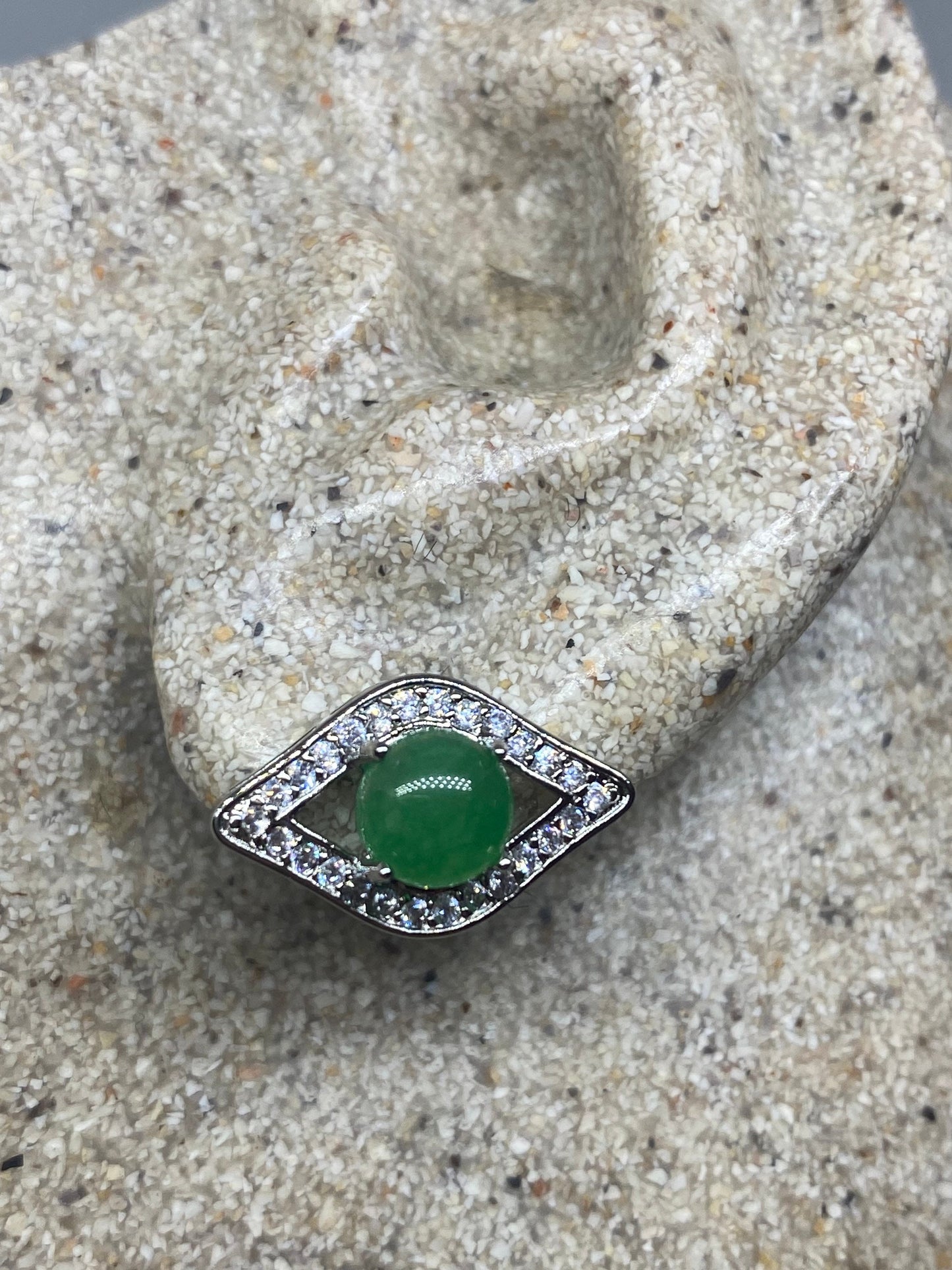 Genuine Green Jade Gemstone Silver Bronze Stud Earrings