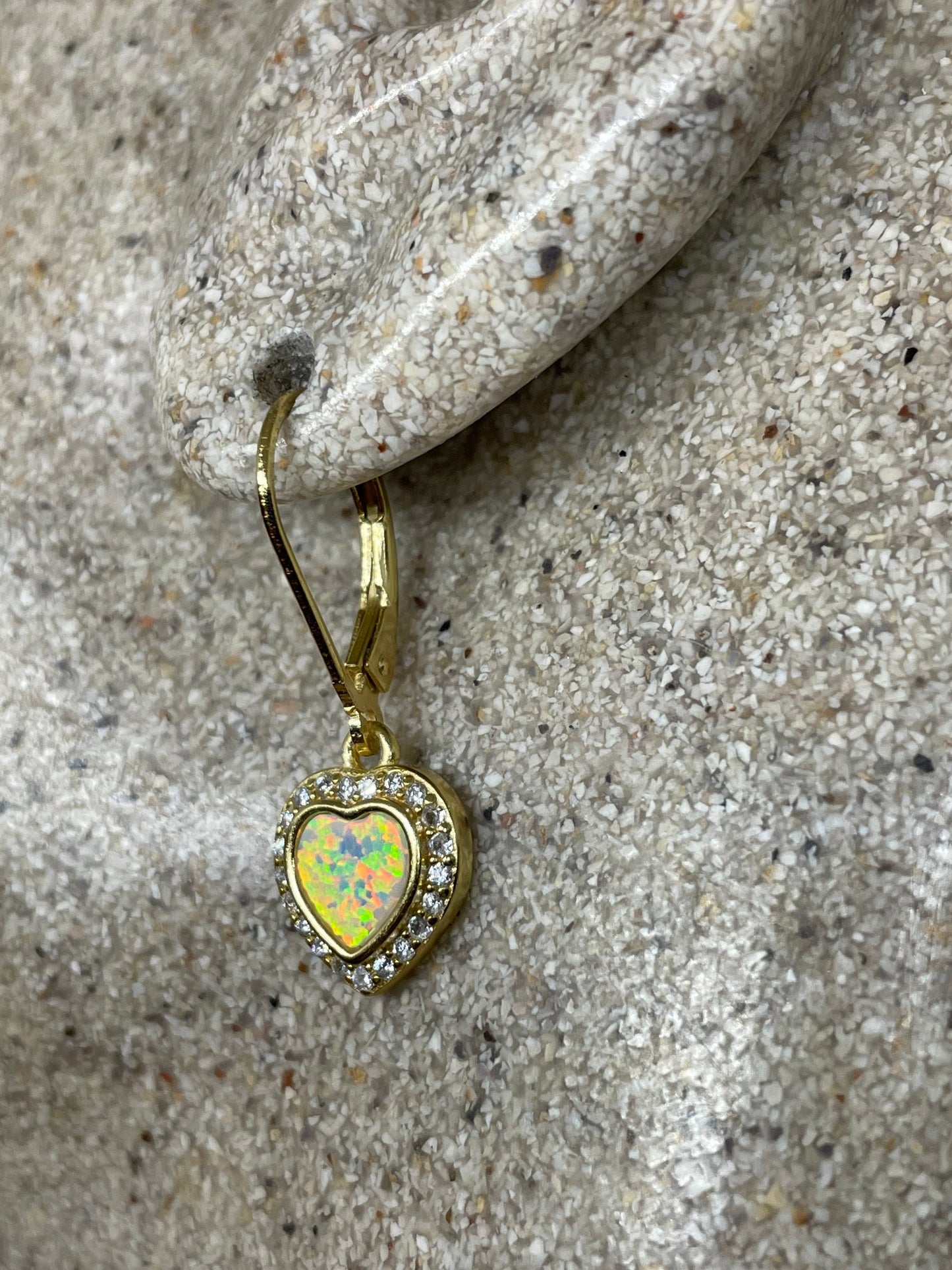 Vintage White Opal Heart Earrings Golden 925 Sterling Silver