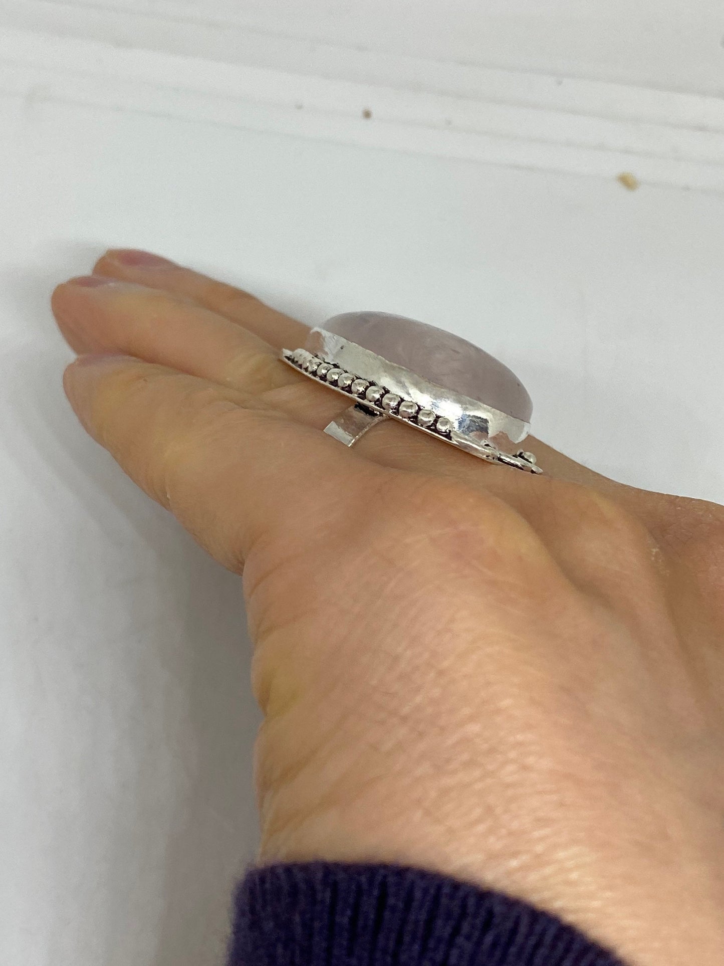 Vintage Rose Quartz Silver Cocktail Ring Size 8
