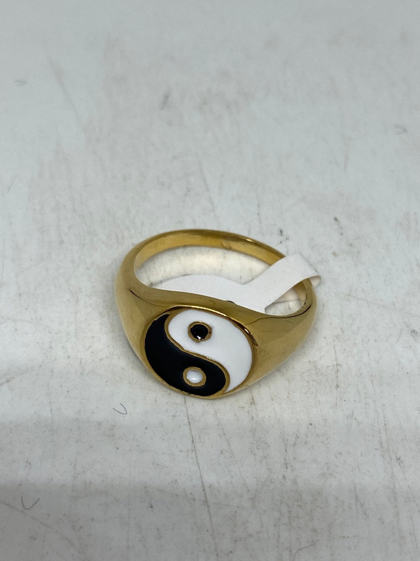 Vintage Ying Yang Mens Martial Arts Golden Stainless Steel Enamel Ring