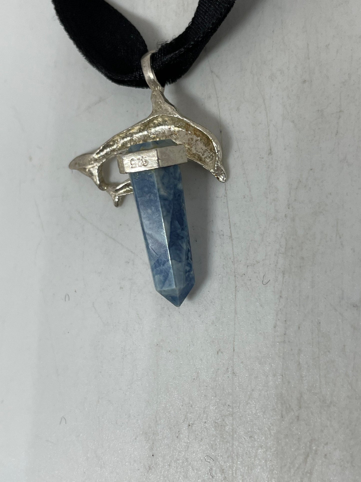 Vintage Dolphin Choker Blue Sodalite 925 Sterling Silver Necklace