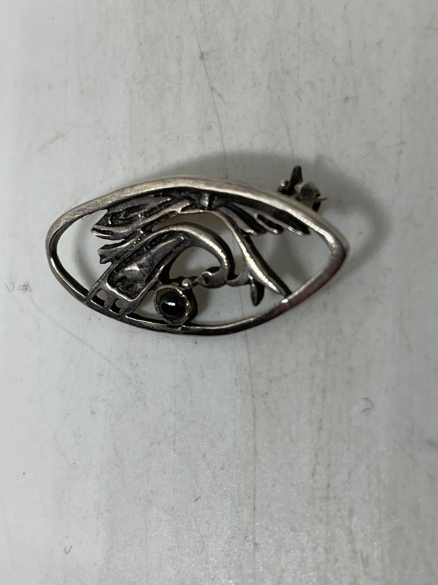 Vintage Pin Black Onyx 925 Sterling Silver Brooch