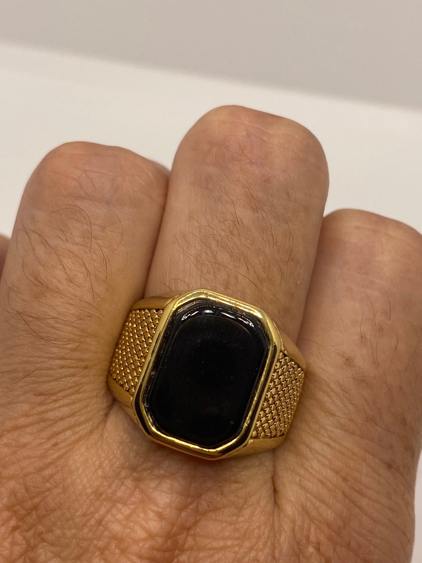 Vintage Golden Stainless Steel Black Onyx Genuine Ring