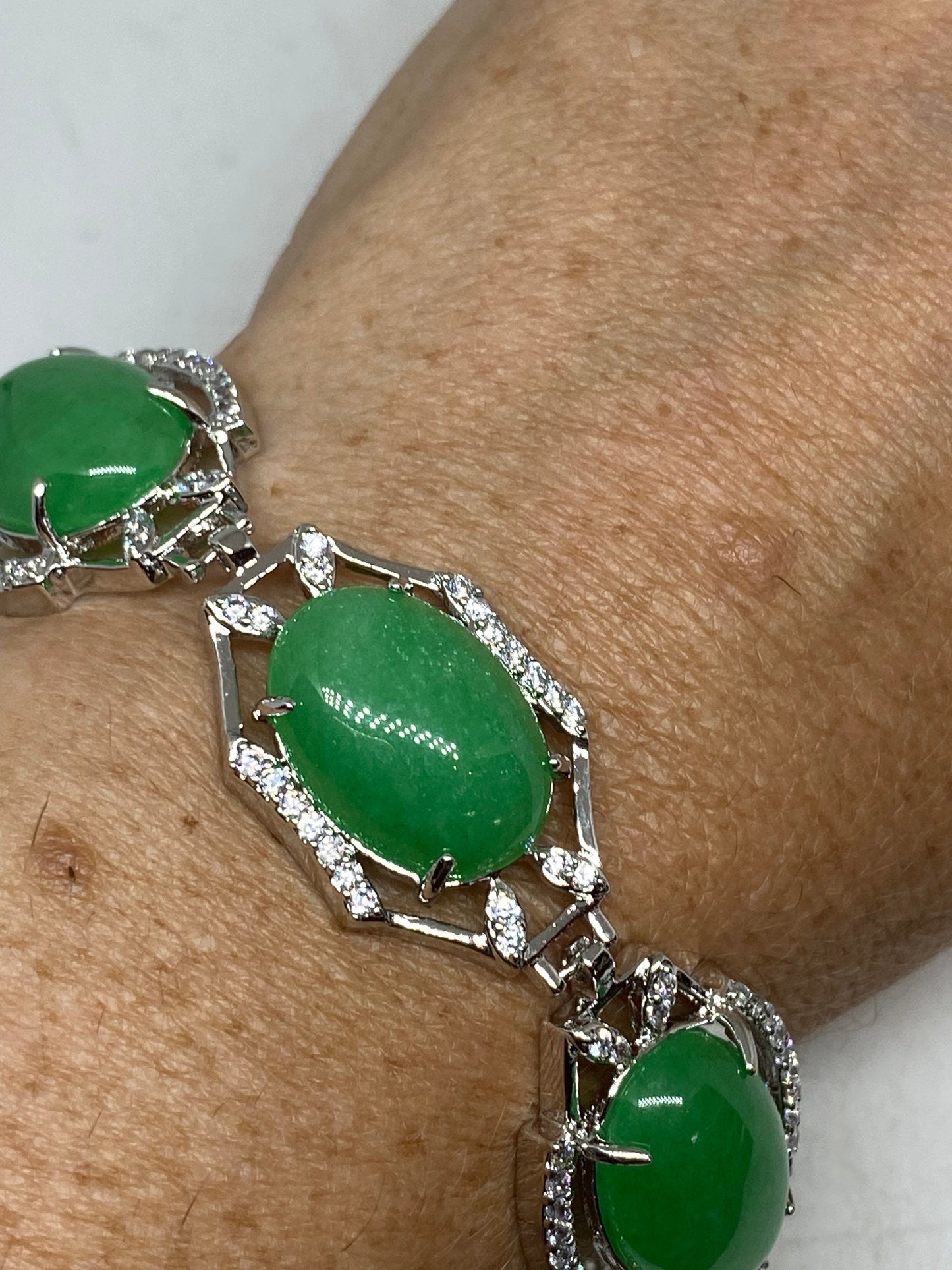 Vintage Green Jade Bracelet Silver White Bronze